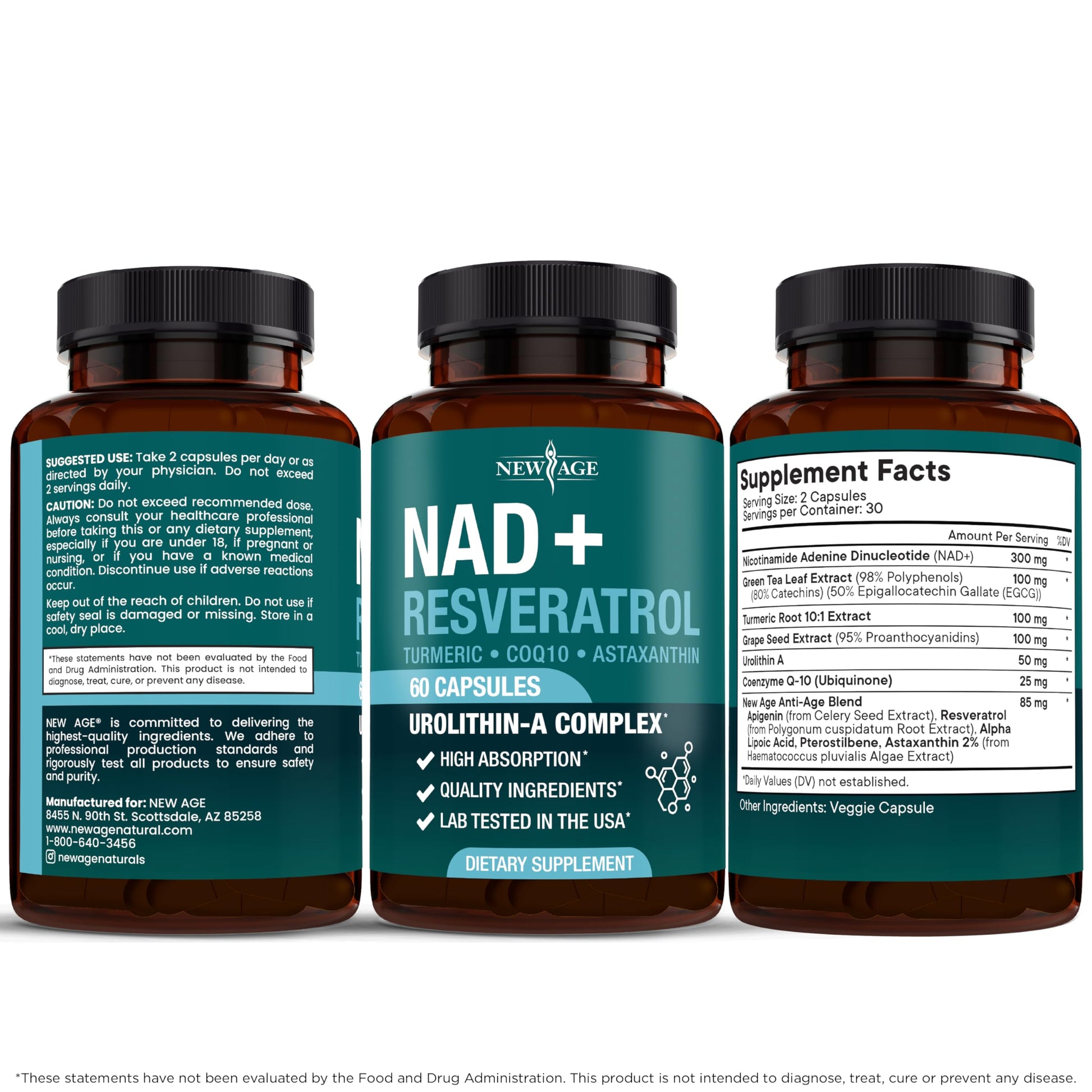 NEW AGE NAD+ Supplement Complex – NAD+ 300 mg with Astaxanthin, Urolithin A, Resveratrol, CoQ10 & Antioxidant Blend – Cellular Energy, Support or Women & Men – Vegan, Non-GMO- 120 Count NEW AGEAu supplements