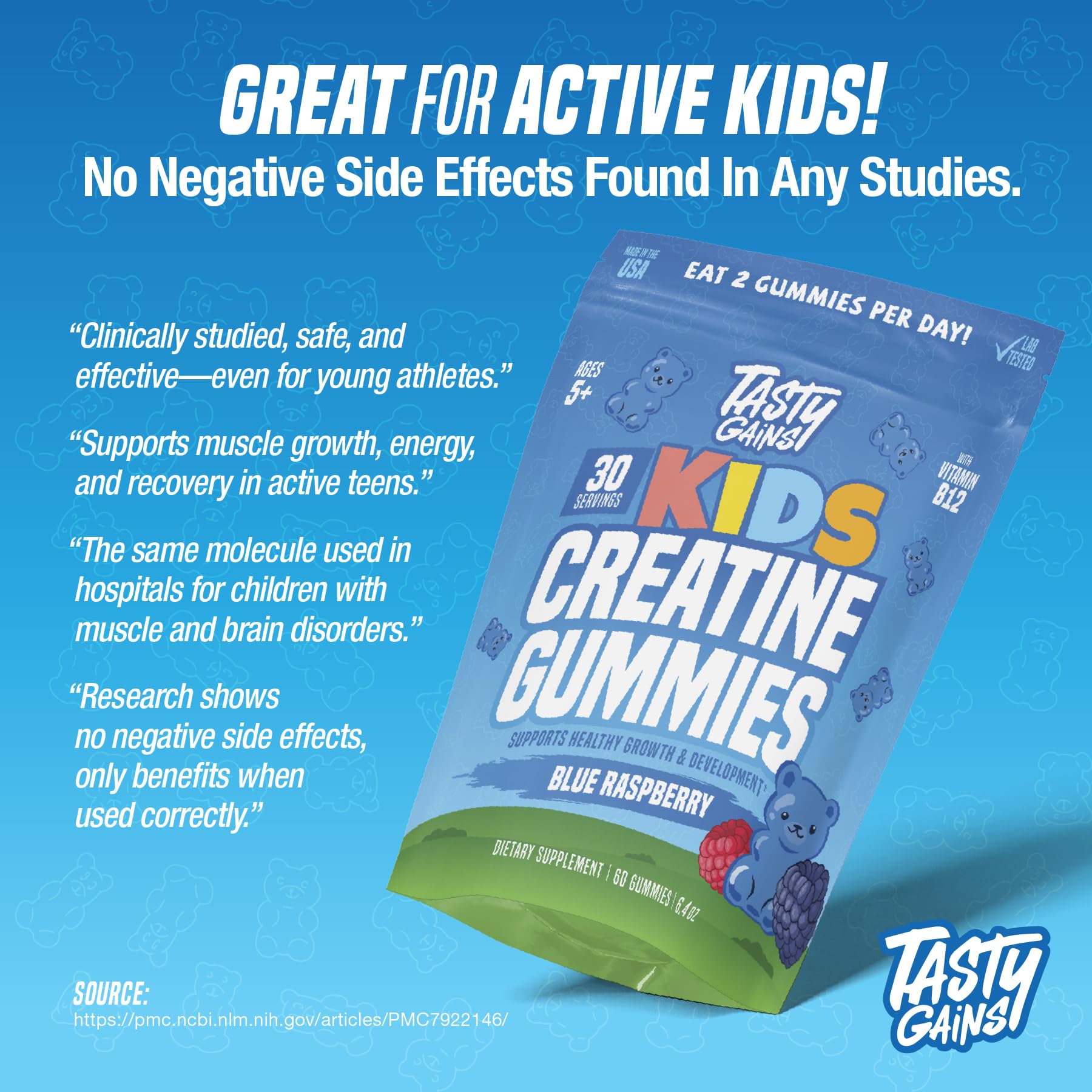 TASTY GAINS Kids & Teen Creatine Gummies with Vitamin B12 for Growth Support, Easy Chew Daily Supplement, Gummy Vitamins for Kids and Teens, Ages 5+ TASTY GAINSAu supplements