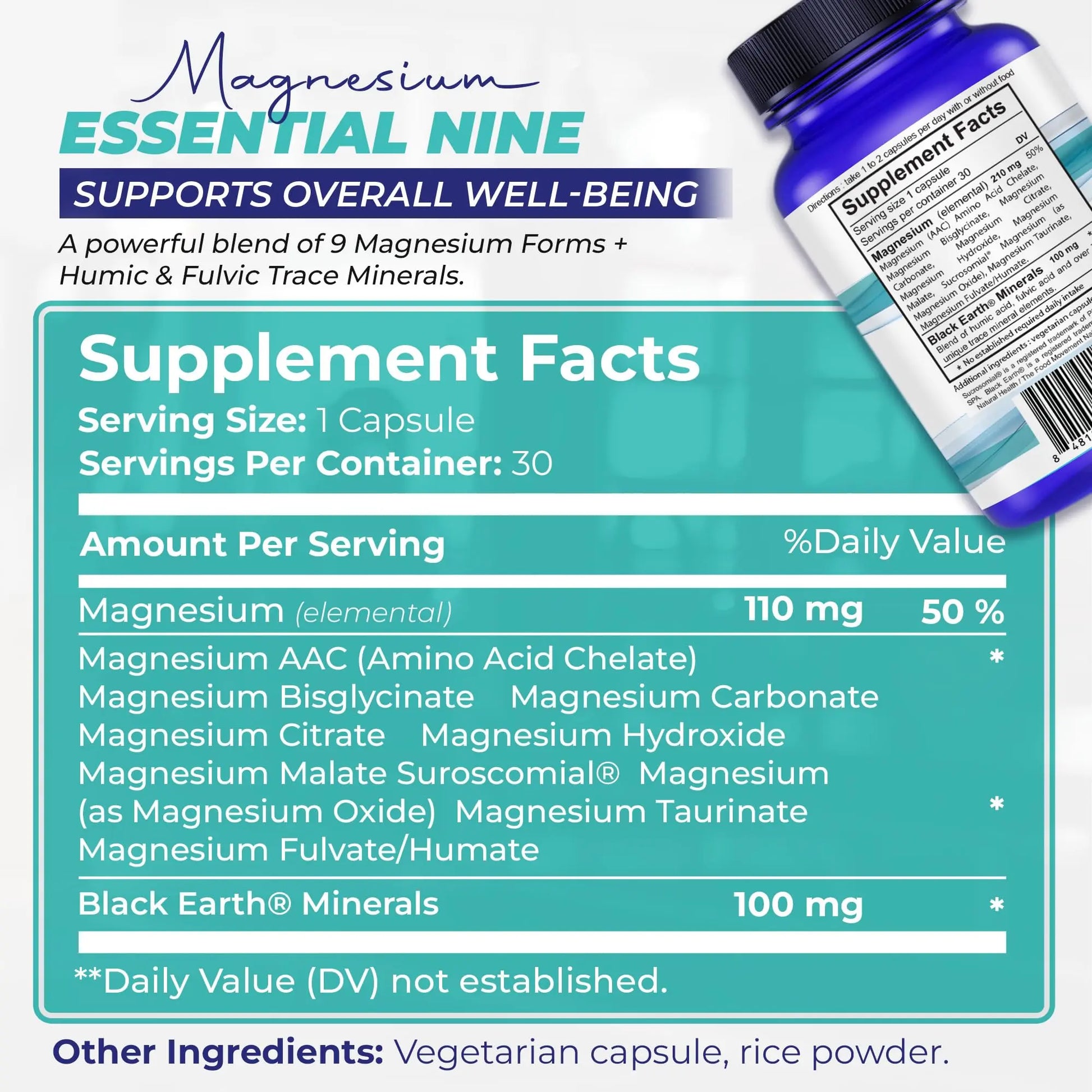 The Food Movement Co. Black Earth Magnesium Essential Nine - Vegan Capsules with Magnesium Glycinate, Citrate, Malate and More - 9 Bioactive Forms for Optimal Health (30 Count) THE FOOD MOVEMENT CO.nz supplements