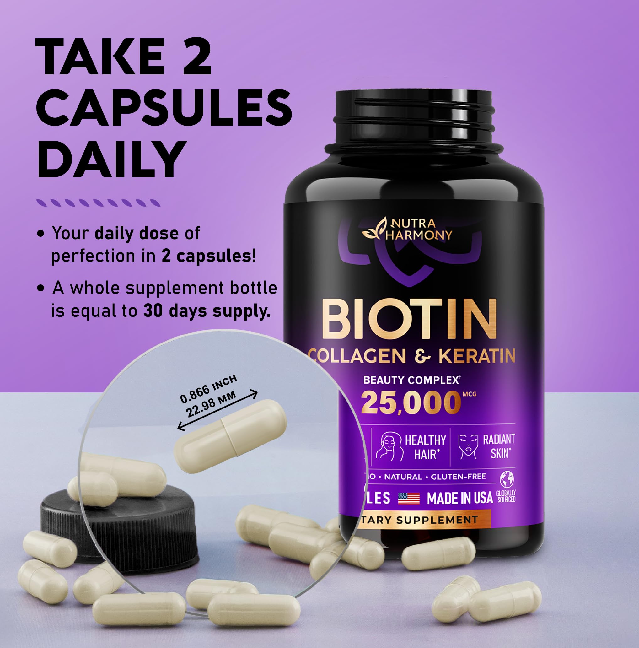 Biotin | Collagen | Keratin | Hyaluronic Acid - Hair Growth Support Pills, 25000 mcg NUTRAHARMONYAu supplements