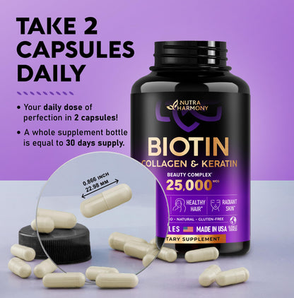 Biotin | Collagen | Keratin | Hyaluronic Acid - Hair Growth Support Pills, 25000 mcg NUTRAHARMONYUS supplements