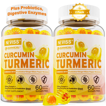 Sugar Free Turmeric Curcumin Filled Gummies 550mg for Adults, Ginger & Black Pepper | 95% Curcuminoids w/Prebiotic Probiotic & Postbiotic Blend, Support, Immune & Digestive Health, Vegan, 2Pack NEVISSAu supplements