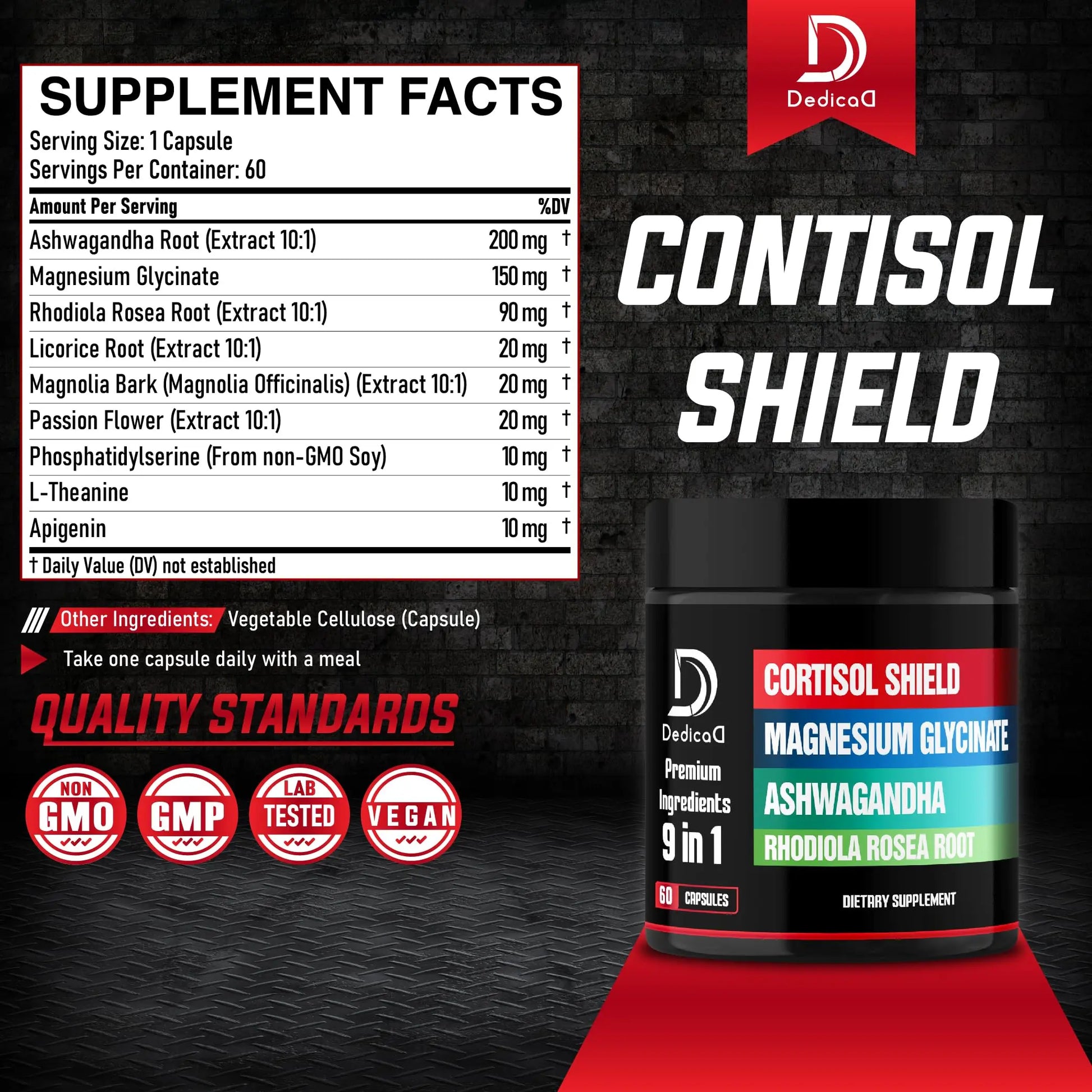 DEDICAD 9in1 Cortisol Shield - Magnesium Glycinate & Ashwagandha with Rhodiola, Phosphatidylserine, Passion Flower, L-Theanine, Apigenin, Licorice, Magnolia - Rest Well & Mood Balance - 60 Count DEDICADnz supplements