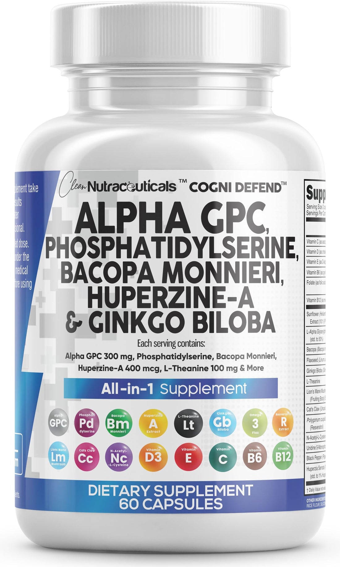 Brain Supplement Alpha GPC 300mg Phosphatidylserine Bacopa Monnieri Ginkgo Biloba Lions Mane Huperzine A L-Theanine NAC Nootropic Memory Focus Cognitive Support Vitamins B C D E 60 Capsules USA Clean NutraceuticalsAu supplements