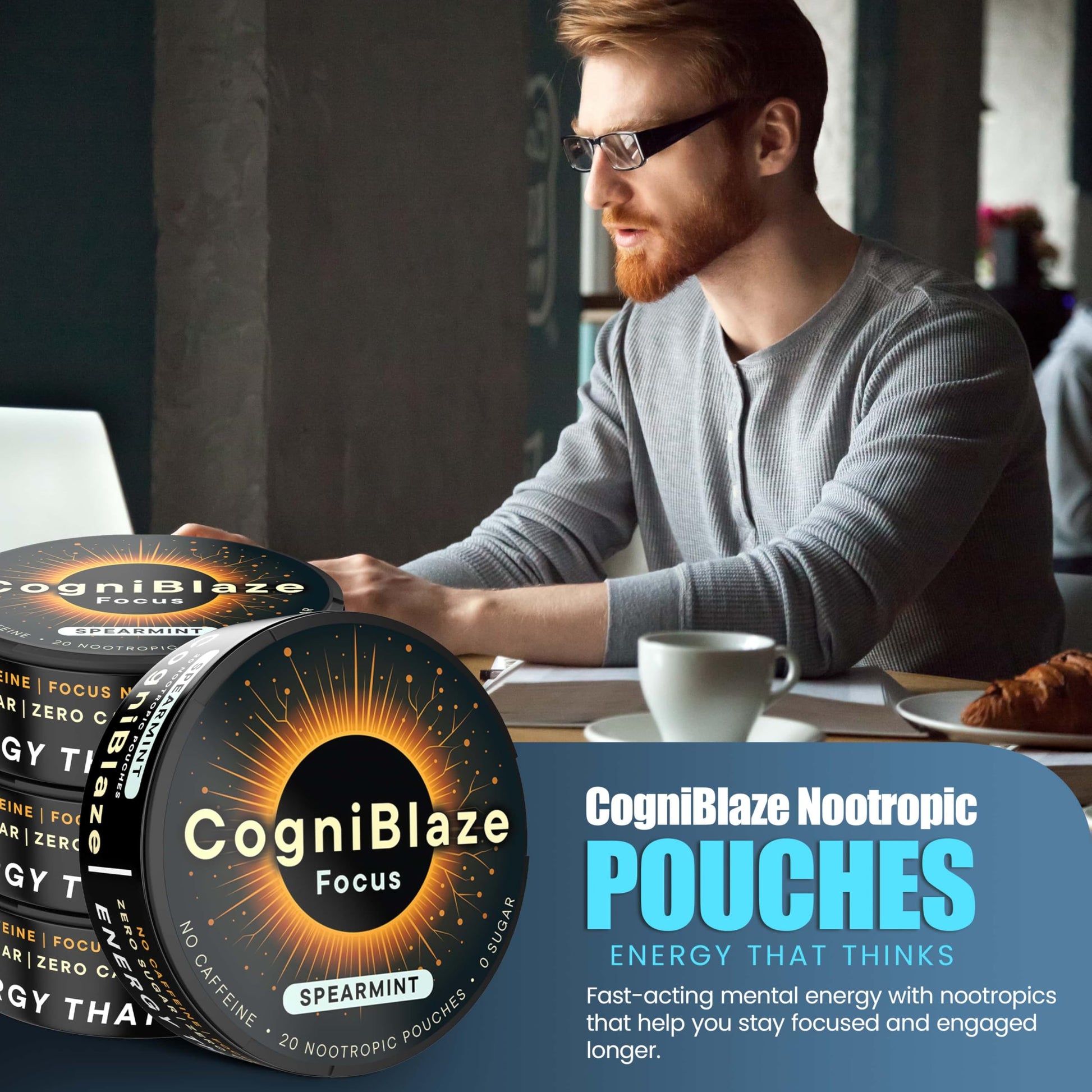 CogniBlaze Nootropic Pouches Caffeine Free (Spearmint) | 80 Focus Pouches for Clarity | 4 Pack (20 Per Can) | Mental Energy Pouches | 25mcg Huperzine A per Nootropic Pouch | Zero Calories CogniBlazeAu supplements