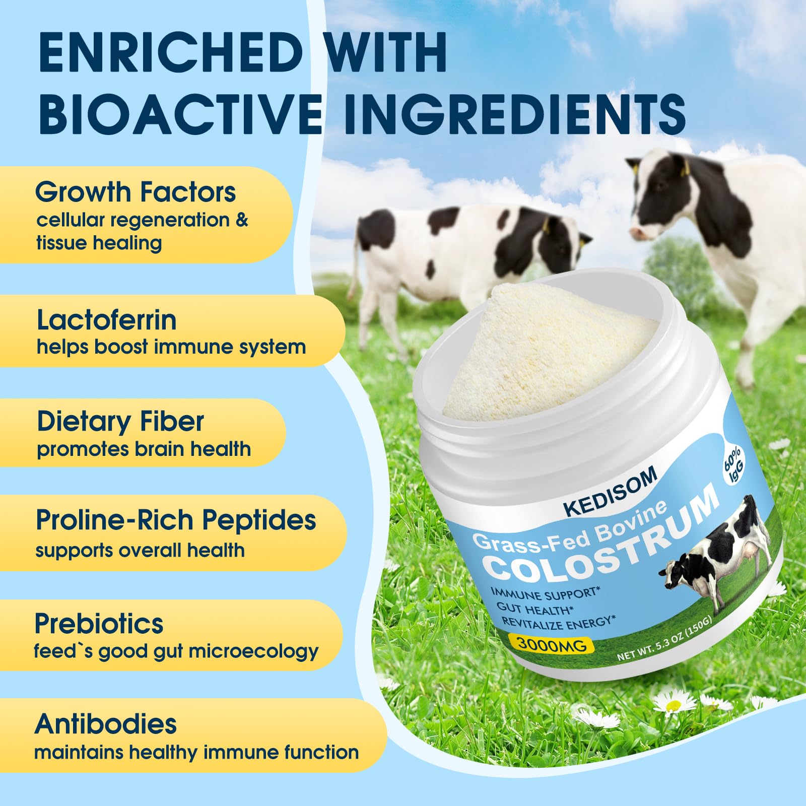 KEDISOM Grass-Fed Bovine Colostrum Supplement Powder - 60% High IgG 3000 mg for Gut Health, Immune Support - Easy to Mix Natural Liposomal Colostrum Superfood, Unflavored, 50 Servings KEDISOMAu supplements