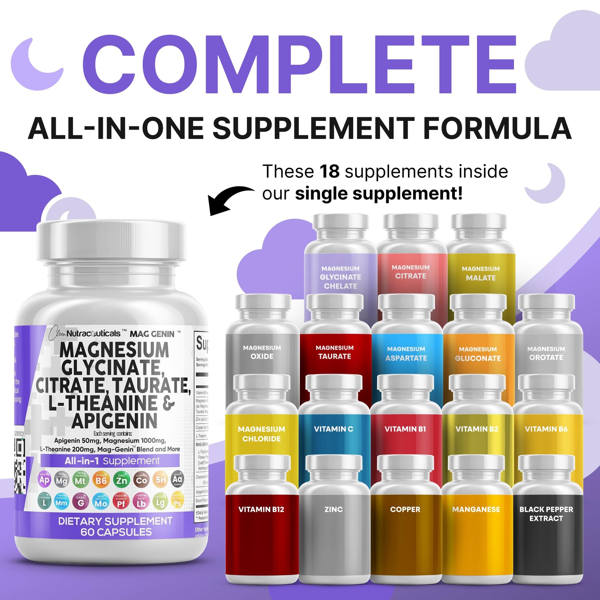 Clean Nutraceuticals Magnesium Glycinate Complex 1000mg with L-Theanine 200mg Apigenin 50mg Citrate Taurate Supplement - 5-HTP GABA Passion Flower Lemon Balm L-Glycine Phosphatidylserine - 60 Count Clean NutraceuticalsAu supplements
