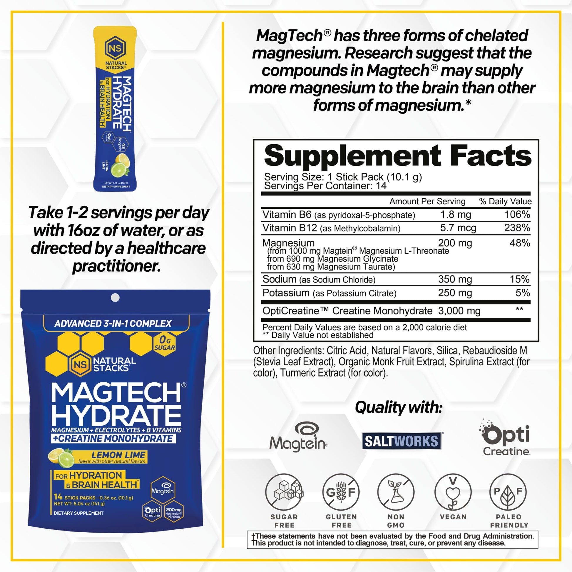 NATURAL STACKS Magtech Magnesium Hydrate + Creatine - Sugar Free Electrolyte Drink - Magtein Magnesium L-Threonate, Glycinate & Taurate - Supports Hydration & Cellular Energy - 14 Hydration Packets NATURAL STACKSAu supplements