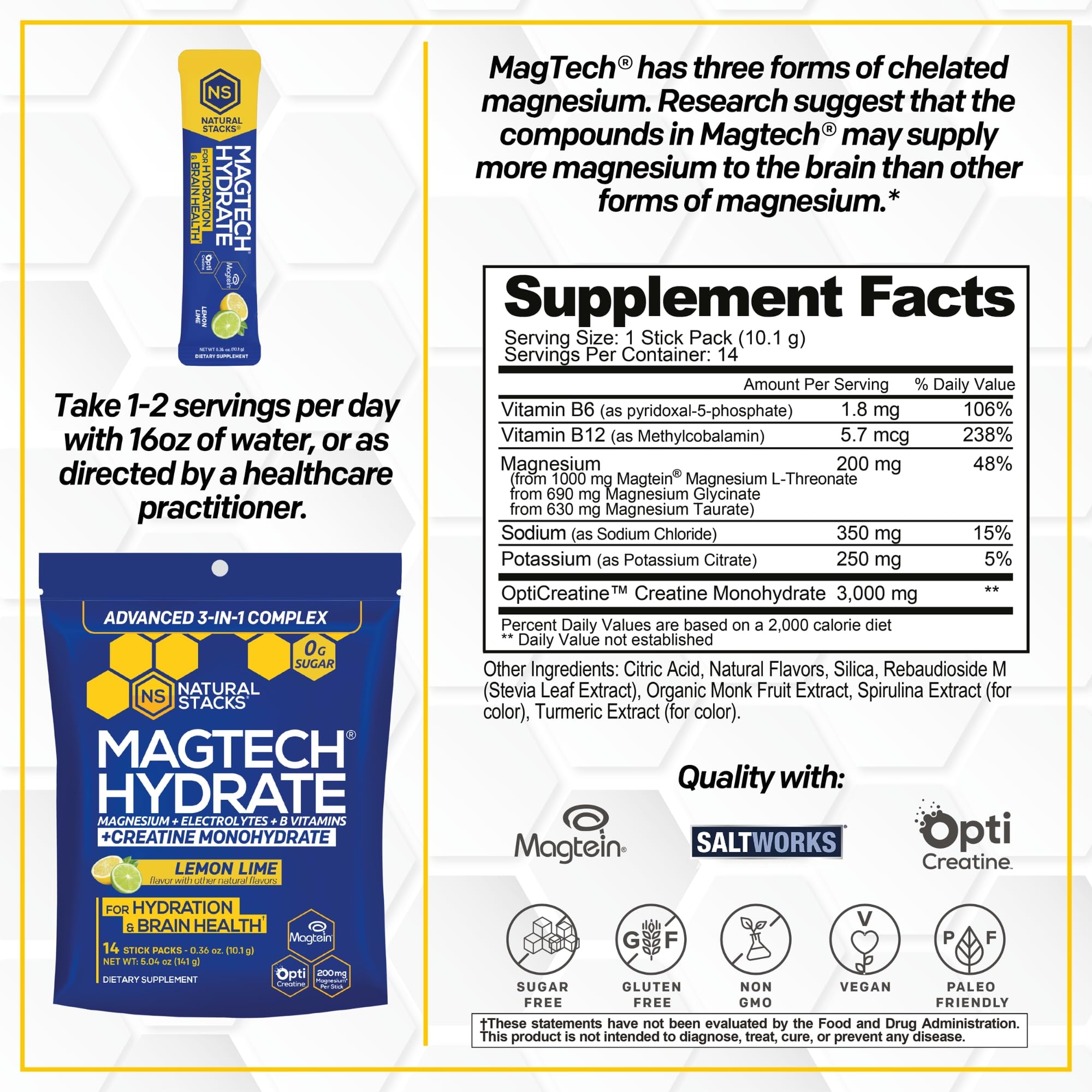 NATURAL STACKS Magtech Magnesium Hydrate + Creatine - Sugar Free Electrolyte Drink - Magtein Magnesium L-Threonate, Glycinate & Taurate - Supports Hydration & Cellular Energy - 14 Hydration Packets NATURAL STACKSAu supplements