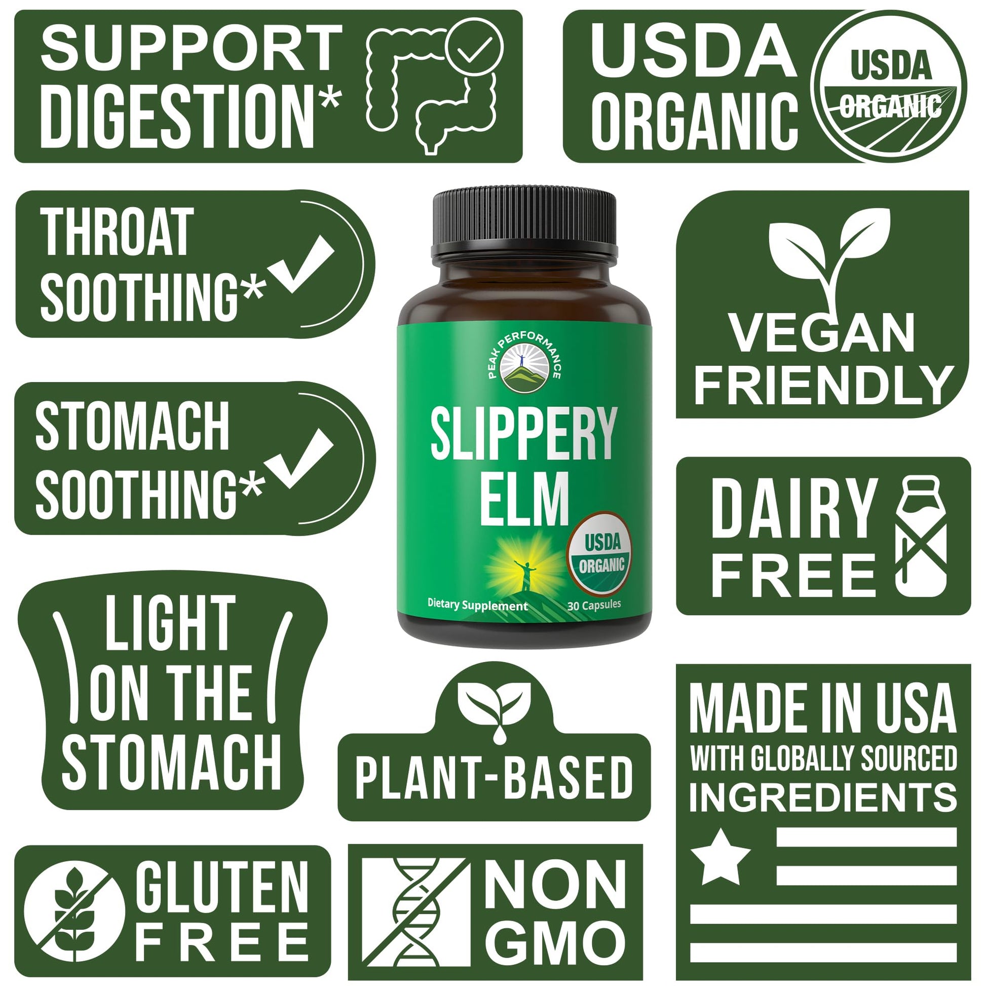 USDA Organic Slippery Elm for Women & Men. Vegan Capsules with Micronized Slippery Elm Bark Powder for Digestion, Bloating Relief, & Gut Lining. Natural Mucilage That Soothes The Throat & Airways Peak PerformanceAu supplements
