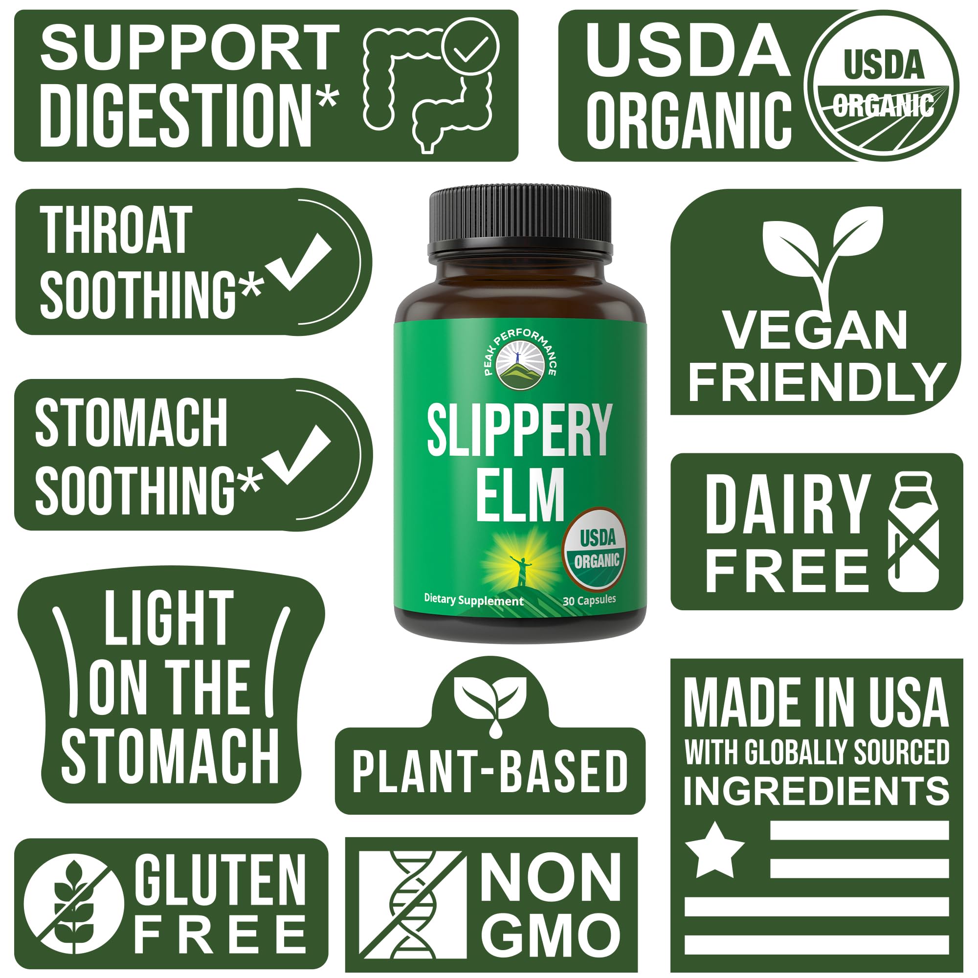 USDA Organic Slippery Elm for Women & Men. Vegan Capsules with Micronized Slippery Elm Bark Powder for Digestion, Bloating Relief, & Gut Lining. Natural Mucilage That Soothes The Throat & Airways Peak PerformanceAu supplements
