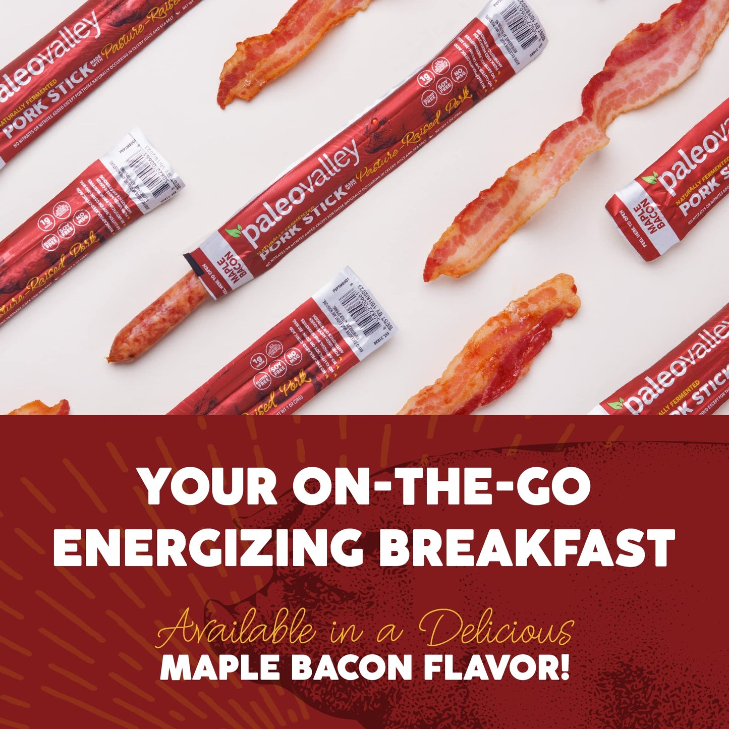 Paleovalley Pasture-Raised Pork Sticks - Maple Bacon Flavor Meat Sticks Individually Wrapped, 28g - 10 Sticks - Gluten-Free Protein Snack PaleovalleyUS supplements