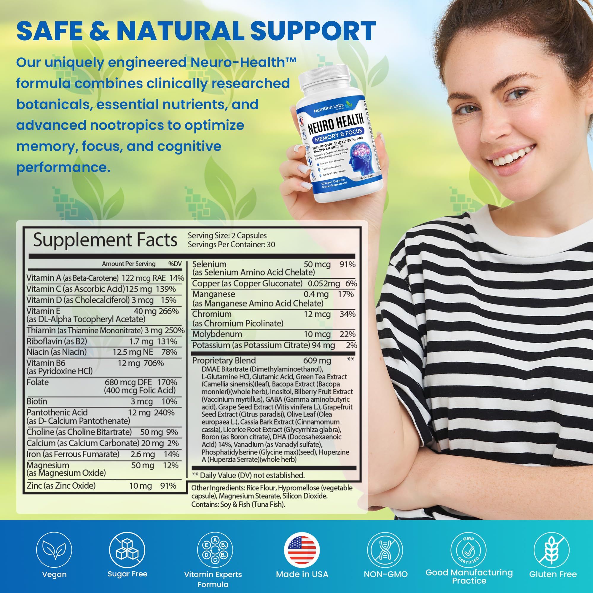 Nootropic & Neuro Brain Supplement for Memory & Focus Support. Clinically Tested Vitamins for Mental Support & Cognitive Clarity W/Bacopa Monnieri, VIT A, B6, Riboflavin, Niacin, Thiamin & Folate NUTRITION LABS BE BETTERAu supplements