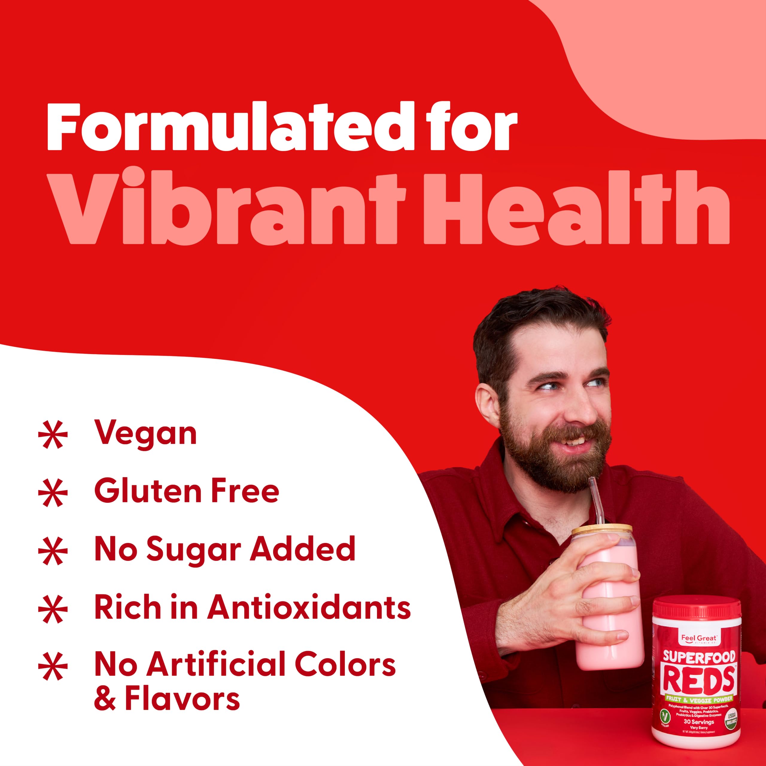 Feel Great Organic Superfood Reds Powder Packed with Beet Root Powder | Digestive Support Including Bloating Relief | Fruit and Veggie Polyphenols Supplement. The Feel Great Vitamin CompanyAu supplements