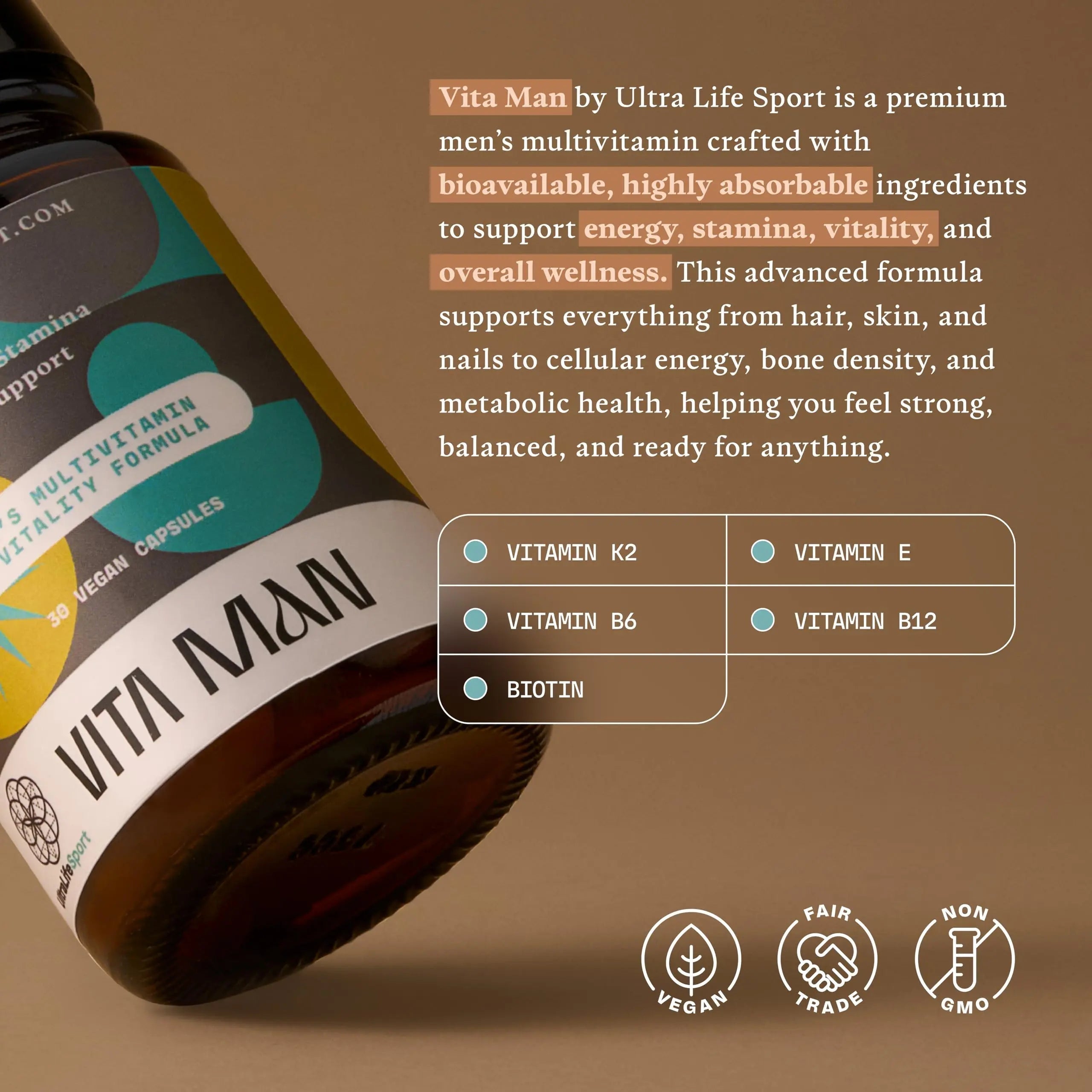 Ultra Life Sport - VITA Man Premium Men's Multivitamin - 30 Capsule Daily Vitamins for Men with Vitamin E, K2 MK-7, and B Vitamins for Maximum Absorption Ultra Life SportAu supplements