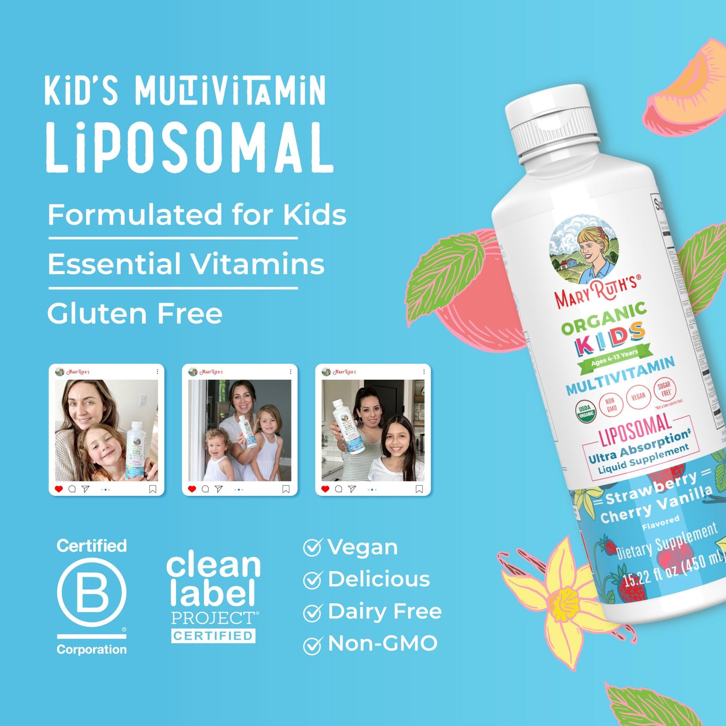 MaryRuth Organics Kids Multivitamin Liposomal | Vegan, Sugar-Free Vitamins for Kids | Ages 4+ | 2 Month Supply | 15.22 Fl Oz MARYRUTH'SUS supplements