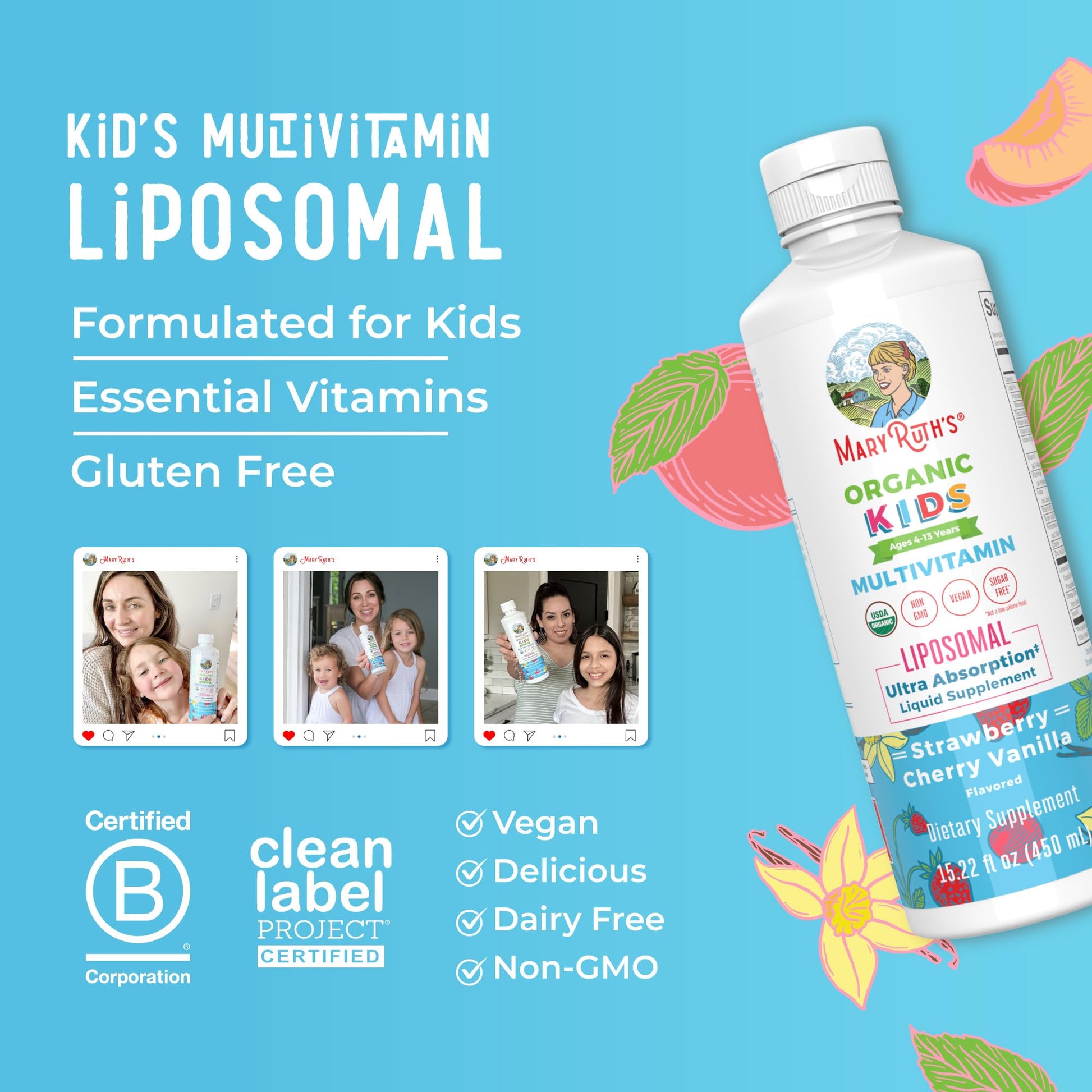 MaryRuth Organics Kids Multivitamin Liposomal | Vegan, Sugar-Free Vitamins for Kids | Ages 4+ | 2 Month Supply | 15.22 Fl Oz MARYRUTH'SUS supplements