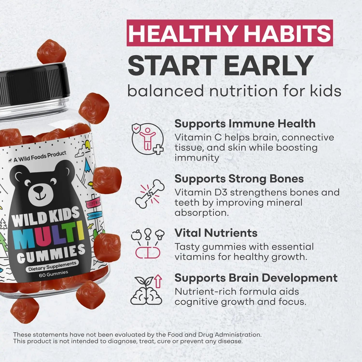 Wild Foods Kids Multivitamin Gummies – Natural Skin, Immune & Bones Support with Kids Vitamins A, C, D, E, B12, Iron & DHA Wild FoodsAu supplements