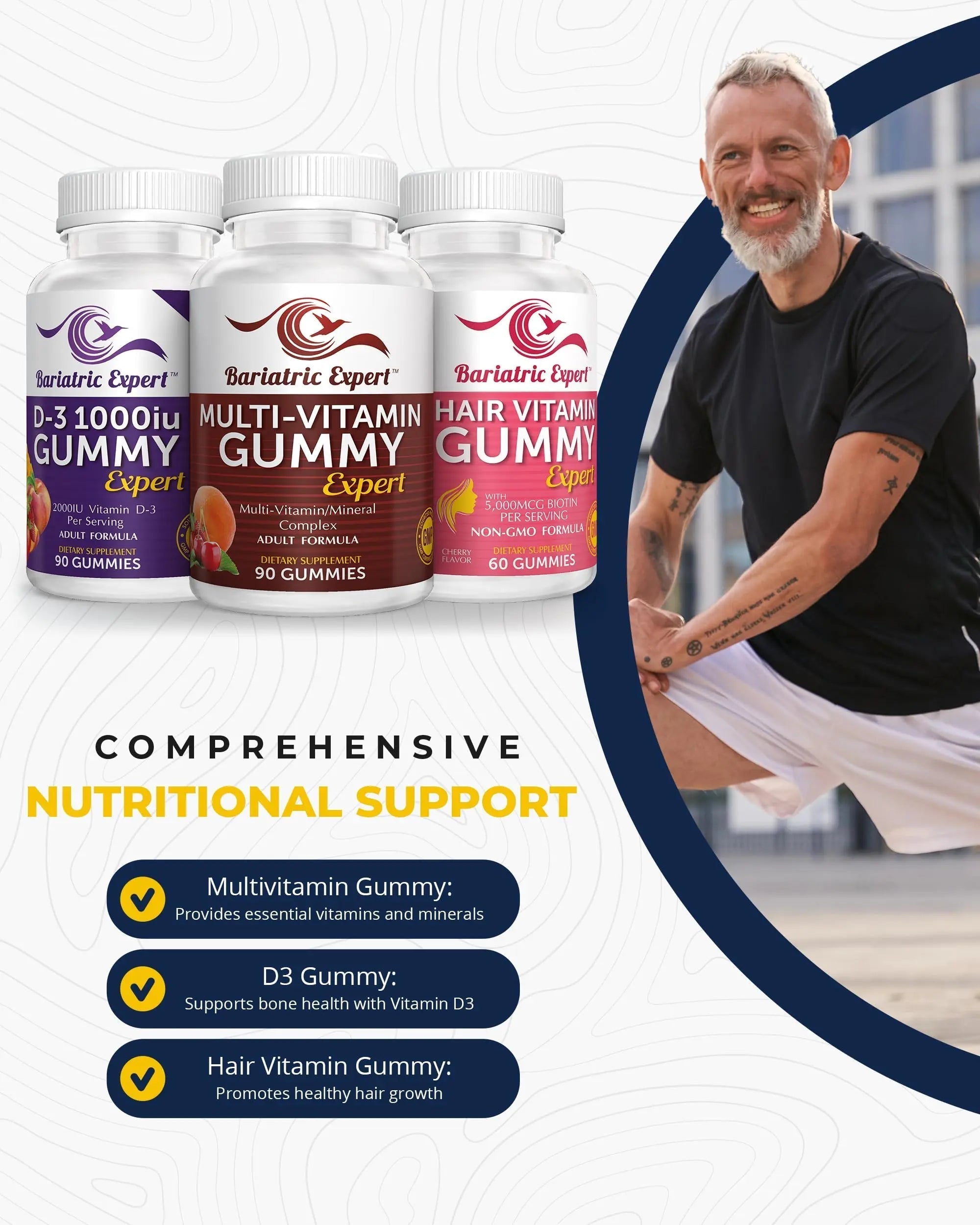 Bariatric Multivitamin 3 Pack, Multivitamin Gummy 90 Chews. - D3 Gummies 90 Chew - Hair Vitamin Gummy 60 Chews. Bariatric Food ExpertAu supplements