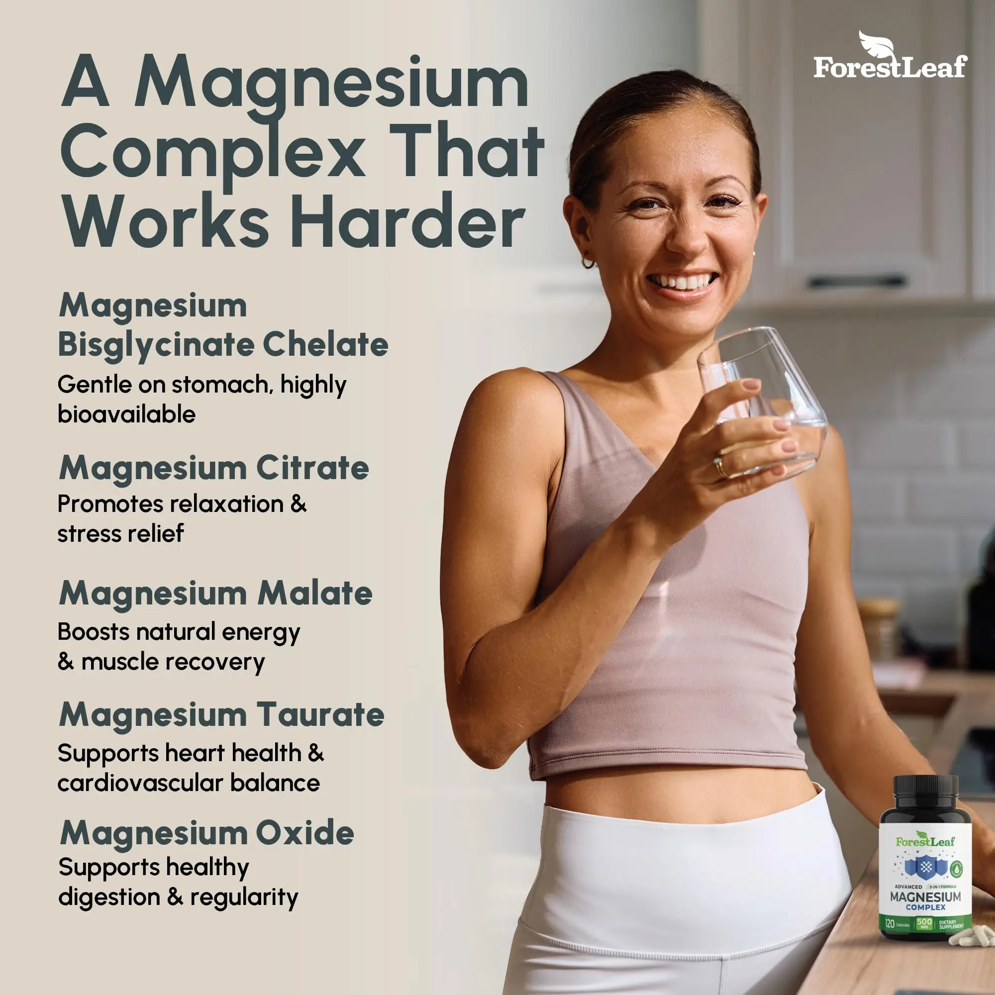 ForestLeaf Magnesium Complex for Women and Men - 500mg Magnesium Supplement for Sleep - 5-in-1 Chelated Magnesium Citrate, Bisglycinate, Malate, Taurate, Oxide (120 Ct) ForestLeafnz supplements