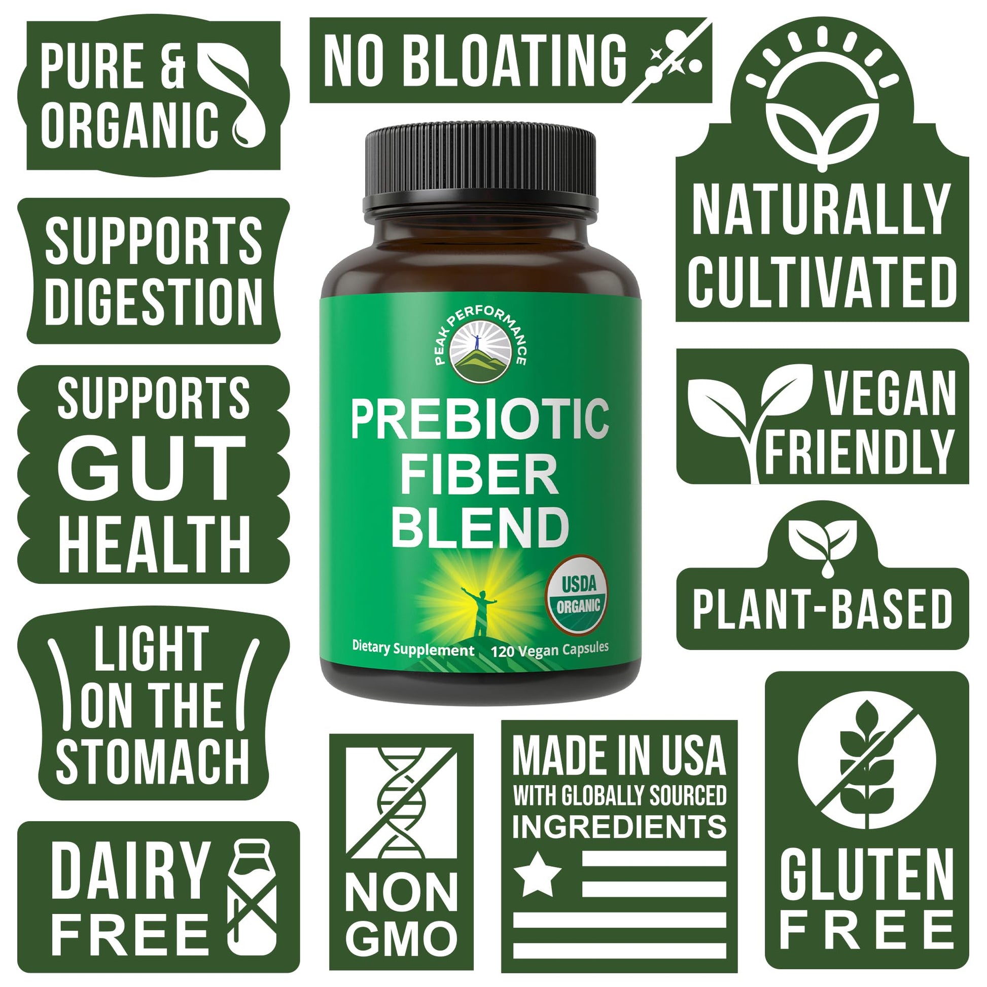 USDA Organic 3-in-1 Prebiotic Fiber - Vegan Capsules for Gut, Digestive Health. Raw Whole Food Plant Based Prebiotics Pills Supplement with Inulin (Jerusalem Artichoke), Acacia Fibers, SunFiber Peak PerformanceAu supplements