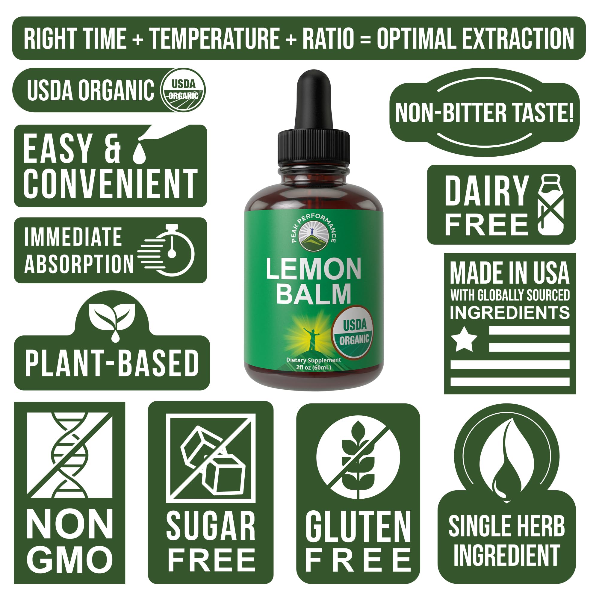 USDA Organic Lemon Balm Tincture. Liquid Organic Lemon Balm Oil Drops Supplement for Relaxation, Calm, Digestion. Vegan Leaf Extract. Zero Sugar, Gluten Free Supplements for Women and Men Peak PerformanceAu supplements