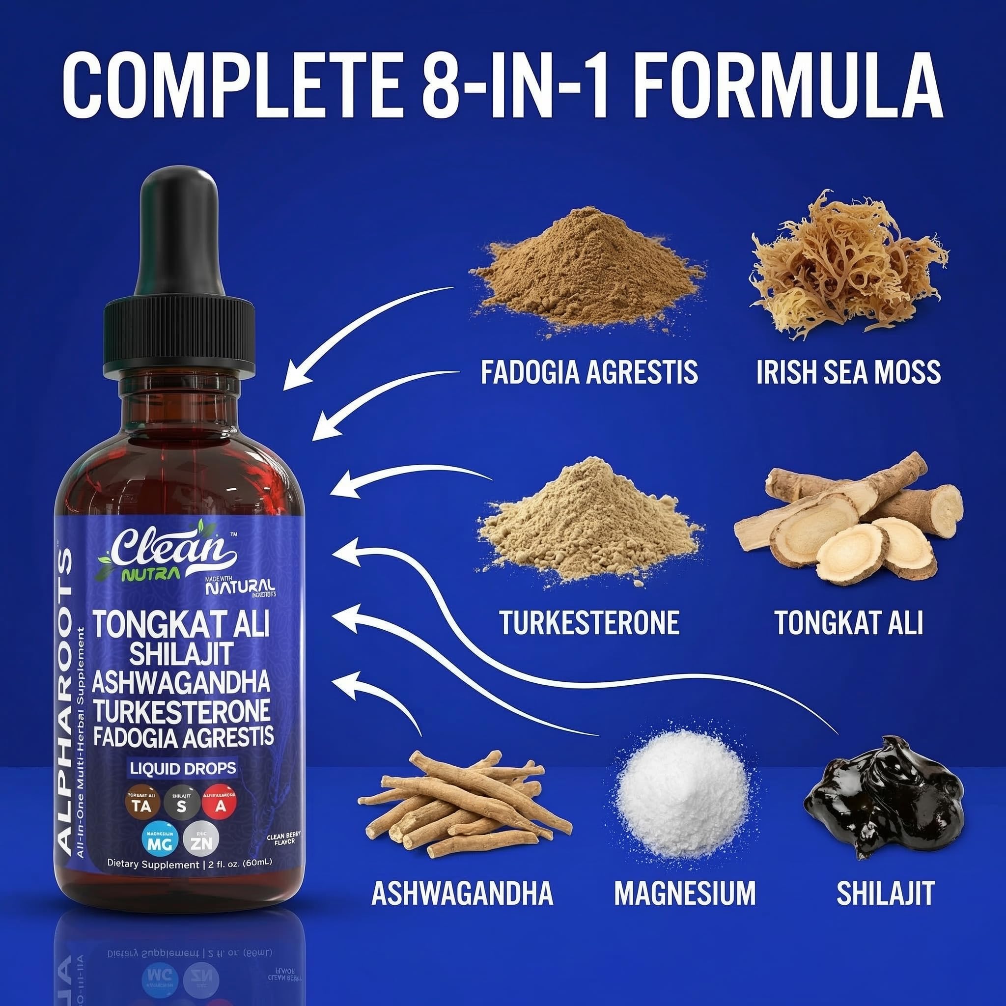Tongkat Ali Liquid Drops Shilajit, Ashwagandha, Turkesterone, Fadogia Agrestis, Magnesium, Irish Sea Moss, and Zinc Herbal Supplement by Clean Nutra Clean NutraceuticalsAu supplements