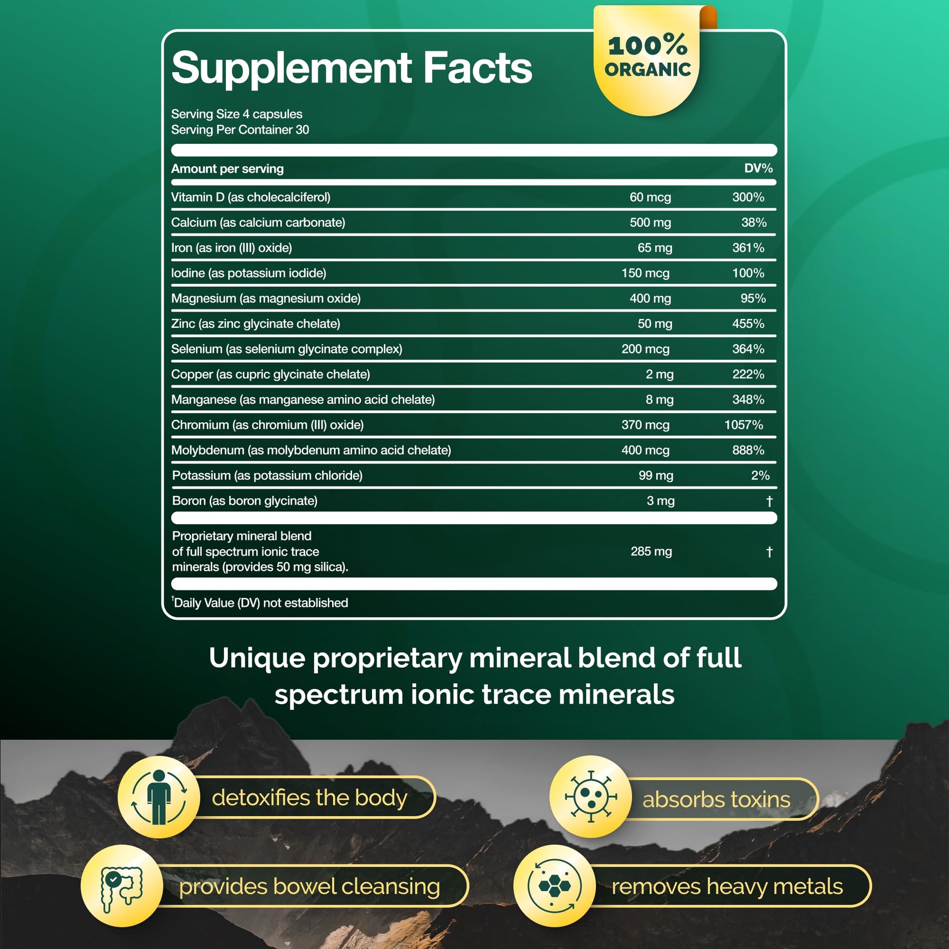 ADEO2 - Premium Blend of 52 Trace Minerals Complex with Essential Minerals in Chelated Form – All Natural and 100% Organic - 120 Capsules - Full Spectrum Ionic Mineral Blend - Safe for Women and Men ADEO2Au supplements