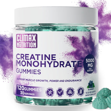 Creatine Monohydrate Gummies - Vegan, Sugar-Free, Gluten-Free - Boosts Muscle Recovery, Strength & Lean Muscle Growth - Brain Health Support - for Men & Women - Blueberry Flavor - 120 Gummies CLIMAX NUTRITIONAu supplements