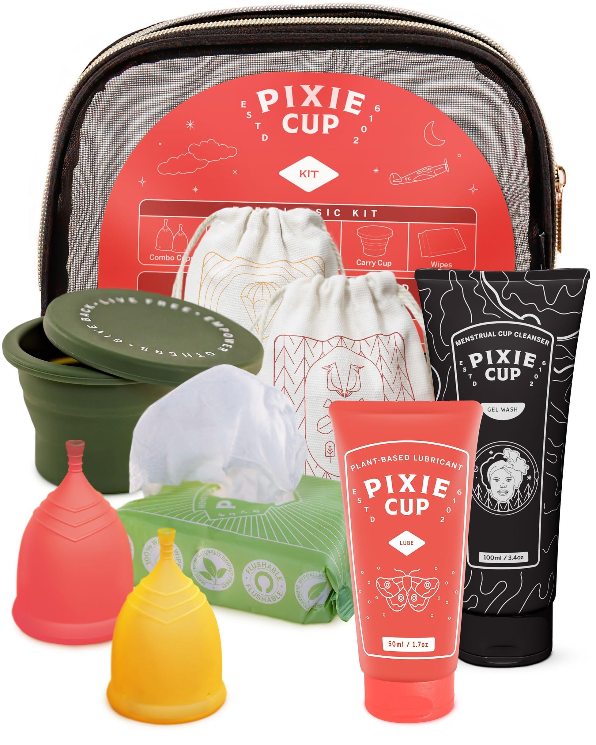 Pixie Cup Menstrual Kit - Best Period Cup Starter Kit - 2 Cups, Wash, 20 Wipes, Lube, Public Pixie CupAu supplements