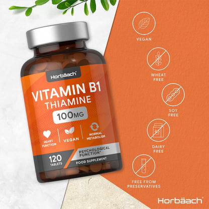 Vitamin B1 Thiamine High Strength 100mg | 120 Vegan Tablets | No Artificial HorbäachUS supplements