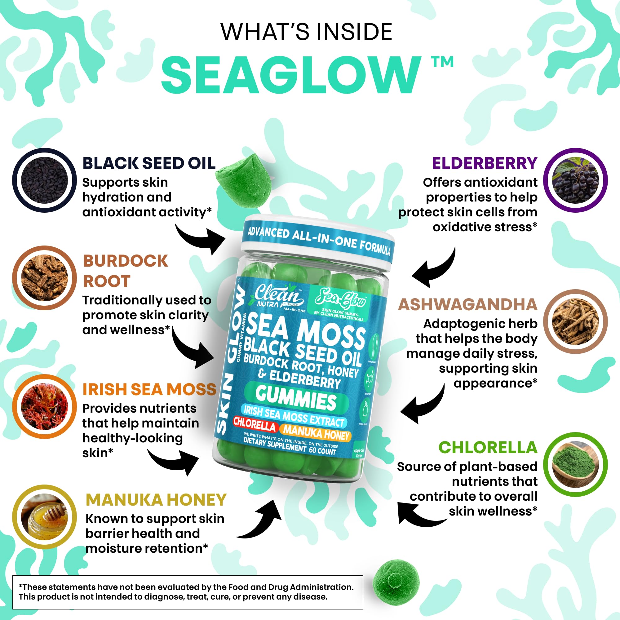 Clean Nutra Sea Moss Gummies Black Seed Oil Chlorella Ashwagandha Root Hair Growth Skin Glow Irish Sea Moss Elderberry Burdock Manuka Honey Trace Minerals Detox 60 Gummy Vitamins Sea Glow Supplement Clean NutraceuticalsAu supplements