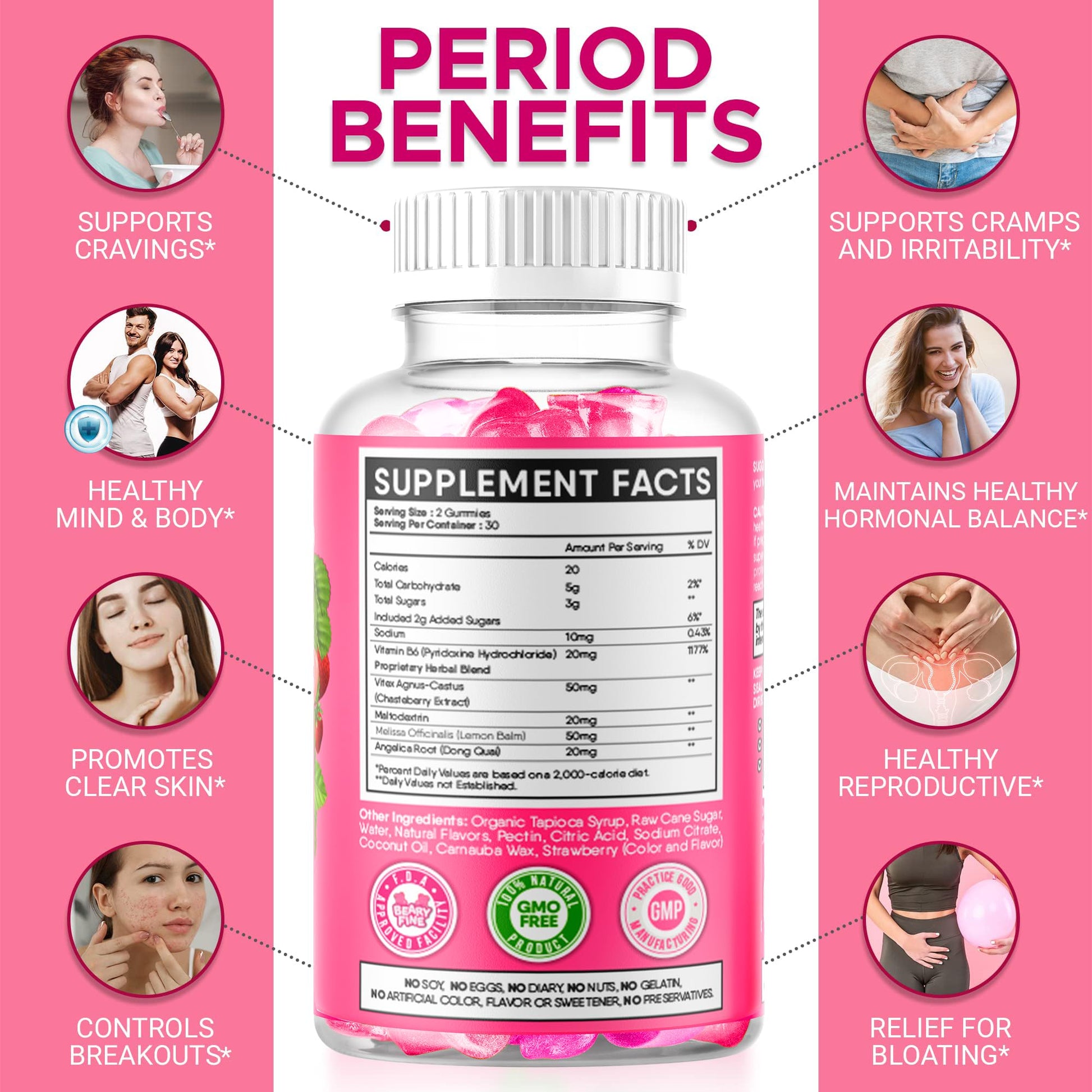 Beary Fine PMS Gummies - PMS Vitamins for Women & Teens - PMS Period Relief - Cramping, Bloating, Mood Swings - Made in The USA (Strawberry, 60 Count) Beary FineAu supplements