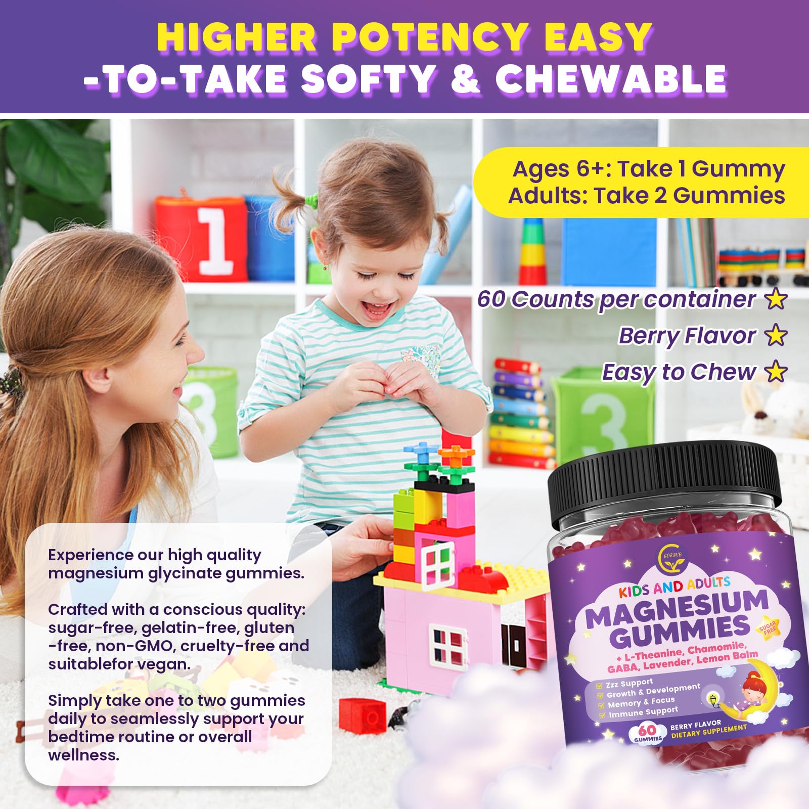 Magnesium Glycinate Gummies 400/200mg for Kids & Adults, NO Melatonin Sleep Aid Magnesium Supplement Gummies with Chamomile, Lavender, L-Theanine & GABA, B6, D3 & K2 for Bone, Relax, Immune Support GORNVBAu supplements