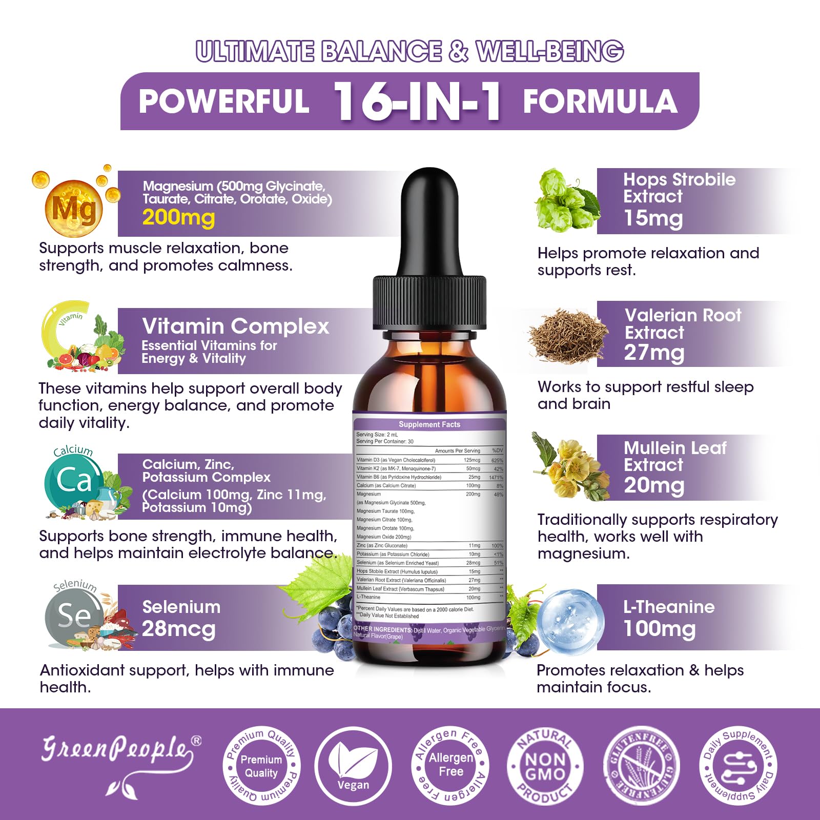 GREENPEOPLE Magnesium Glycinate Liquid Drops - 1000mg 5-in-1 High Absorption Liquid Magnesium for Sleep with D3/K2/B6 | Fast-Acting, Bone, Muscle & Sleep | Sugar-Free Grape Flavor, 2fl Oz GREENPEOPLEAu supplements
