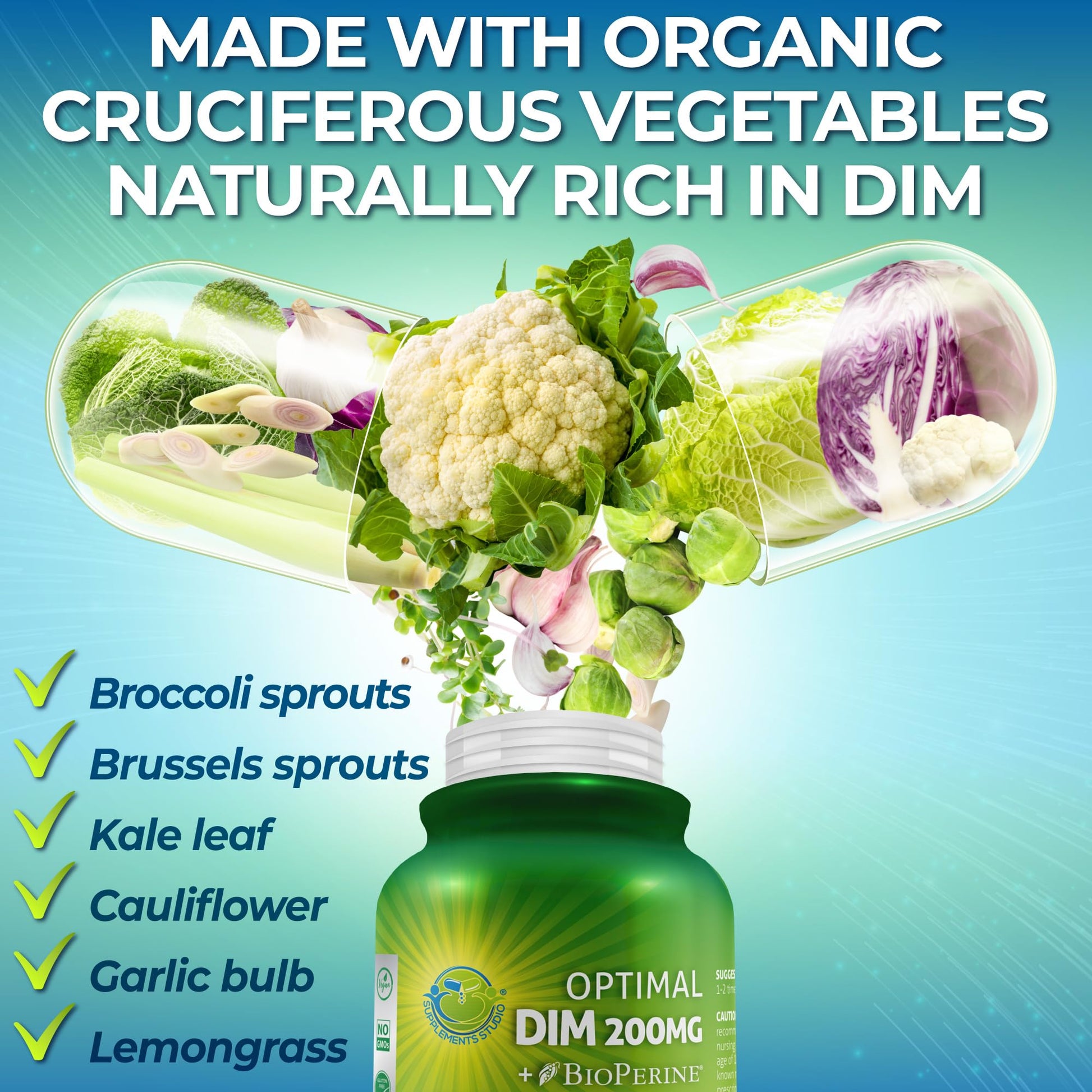 Optimal DIM 200mg Supplement for Women and Men - Made with Organic Whole Foods - Estrogen & Hormone Balance Support Diindolylmethane Complex - Maximum Absorption Delayed-Release Capsules - 60 Count SUPPLEMENTS STUDIOAu supplements