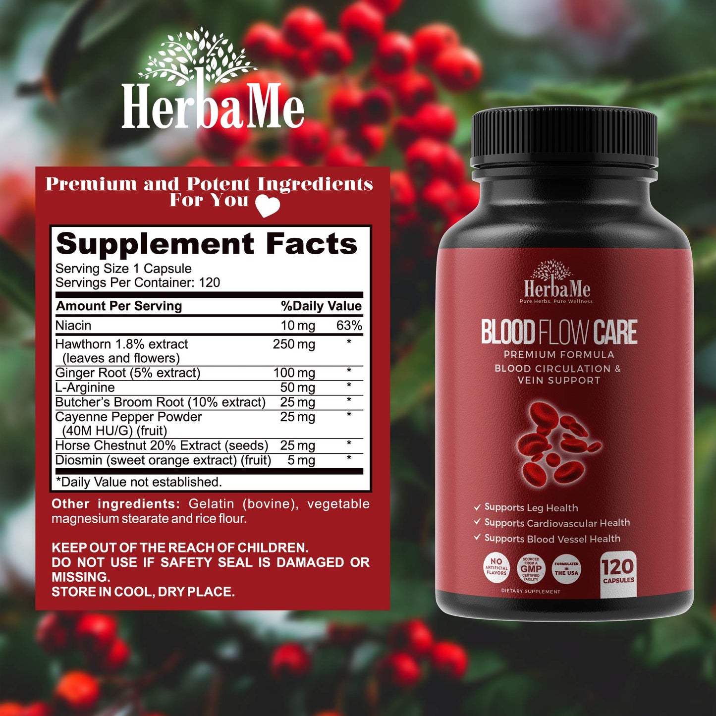 HerbaMe Blood Circulation Supplement, 120 Capsules, Supports Leg Vein, Heart, Vessels and Cardiovascular Health with Niacin, L-Arginine, Ginger, Cayenne Pepper HerbaMeUS supplements