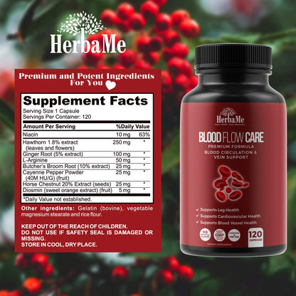 HerbaMe Blood Circulation Supplement, 120 Capsules, Supports Leg Vein, Heart, Vessels and Cardiovascular Health with Niacin, L-Arginine, Ginger, Cayenne Pepper HerbaMeUS supplements