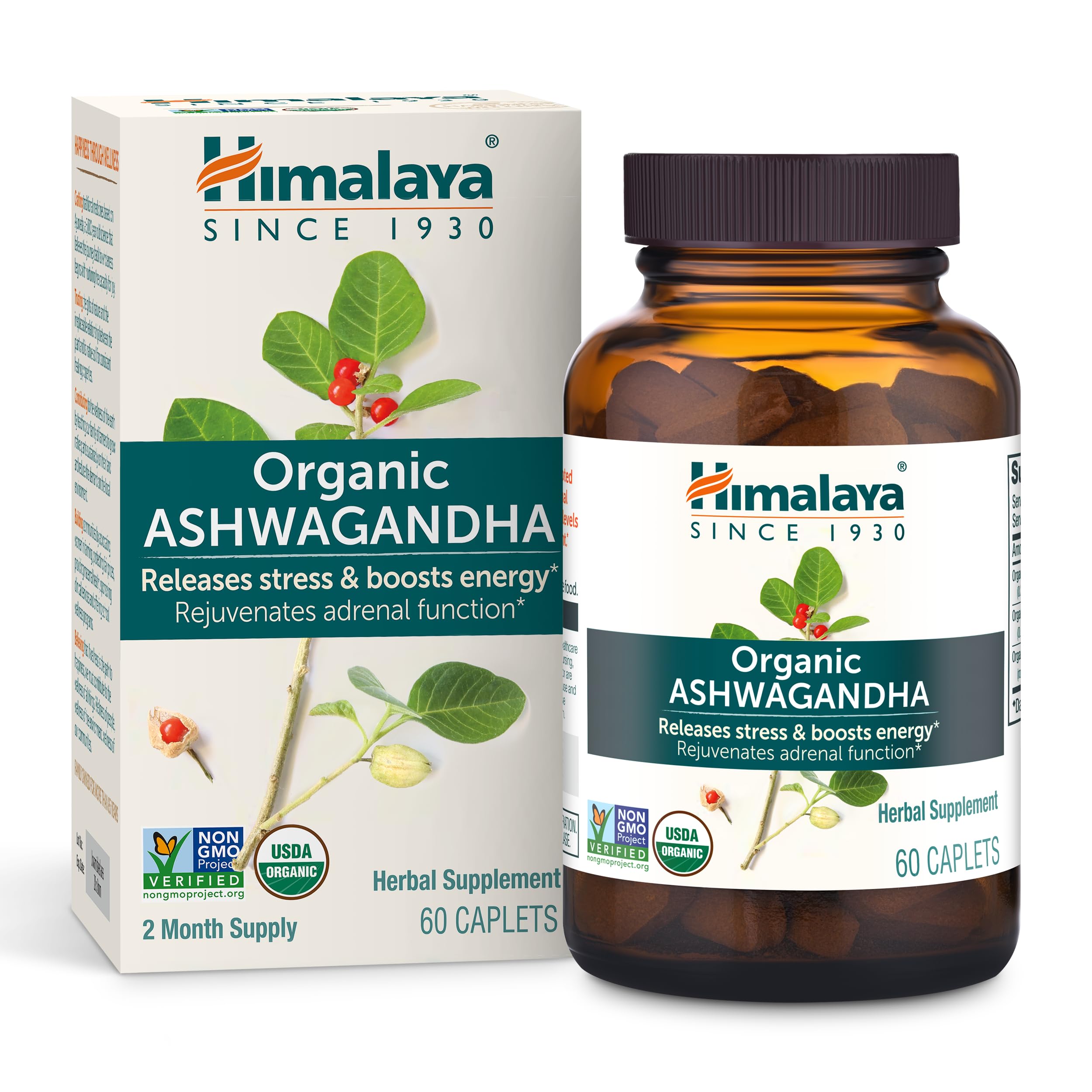 Himalaya Organic Ashwagandha Root - Adrenal Support, Stress Relief, Vegan, Non-GMO - 670 mg, 60 Caplets HimalayaAu supplements