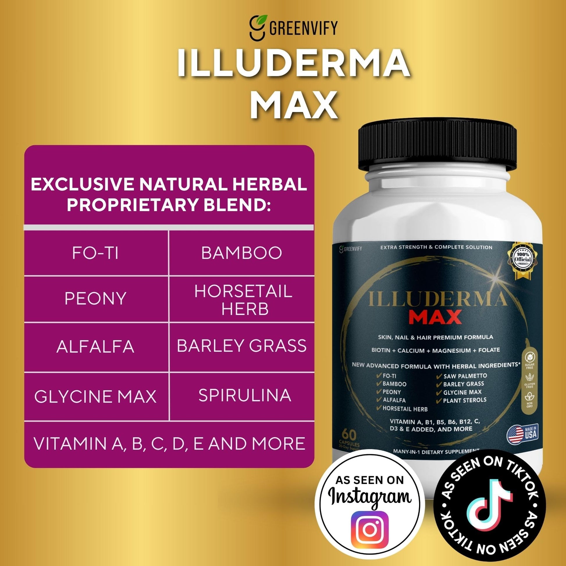 GREENVIFY Illuderma Max Hair, Skin and Nail Supplement, 60 Capsules, with Biotin 5000mcg, Vitamins and Herbal Blend (1) GREENVIFYAu supplements