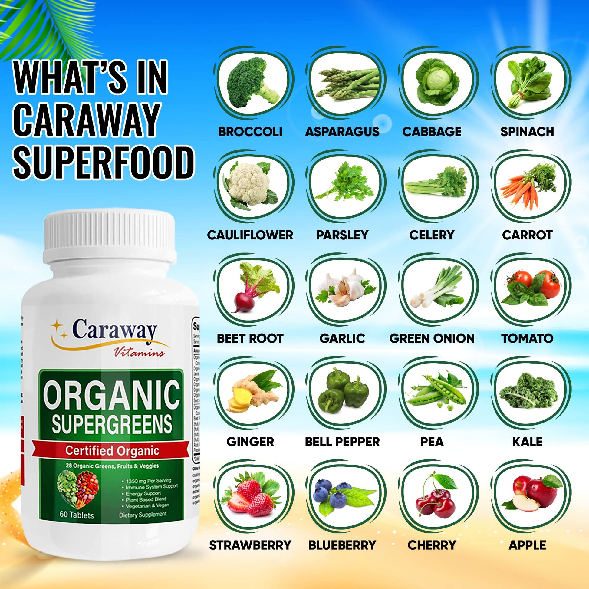 Organic Superfoods Vitamins Super Greens Complex by Caraway Vitamins 1,350 mg per Serving 28 Fruits Vegetables Greens 60 Count Tablets Non-GMO Natural for Men & Women Caraway VitaminsAu supplements