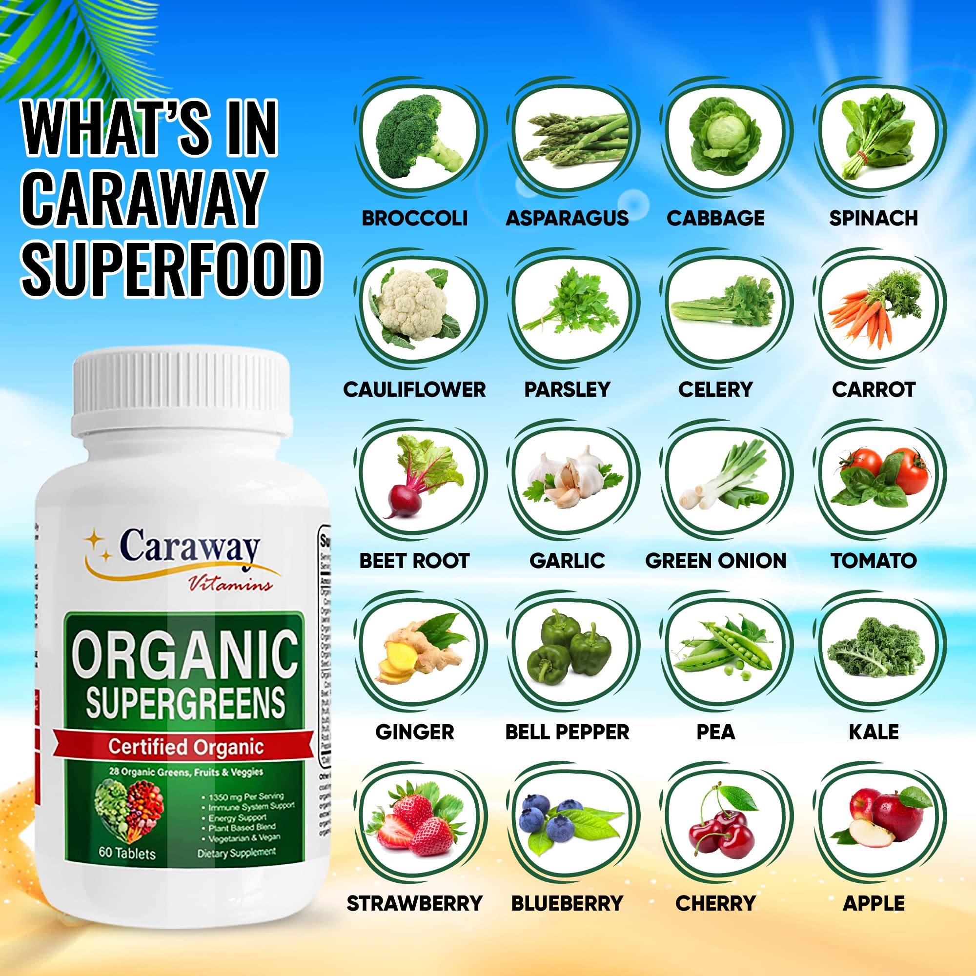 Organic Superfoods Vitamins Super Greens Complex by Caraway Vitamins 1,350 mg per Serving 28 Fruits Vegetables Greens 60 Count Tablets Non-GMO Natural for Men & Women Caraway VitaminsAu supplements