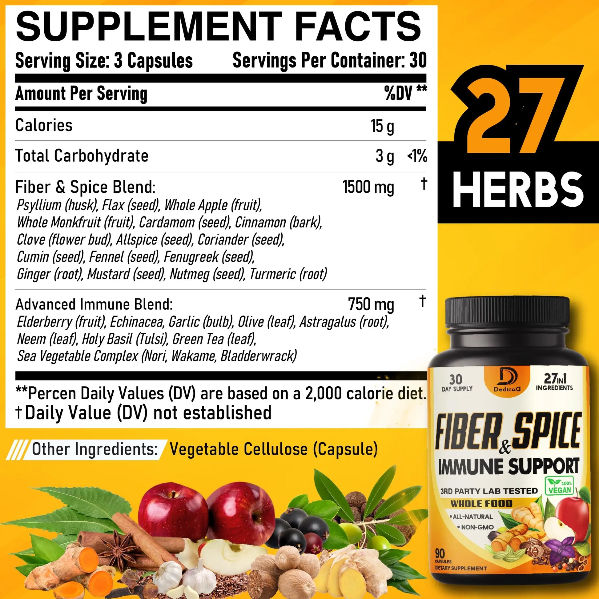 DEDICAD 27in1 Fiber and Spice Supplement - Combined with Organic Psyllium, Whole Apple, Elderberry & More - Support Mood, Body & Immunity - 90 Capsules for 1 Month DEDICADnz supplements
