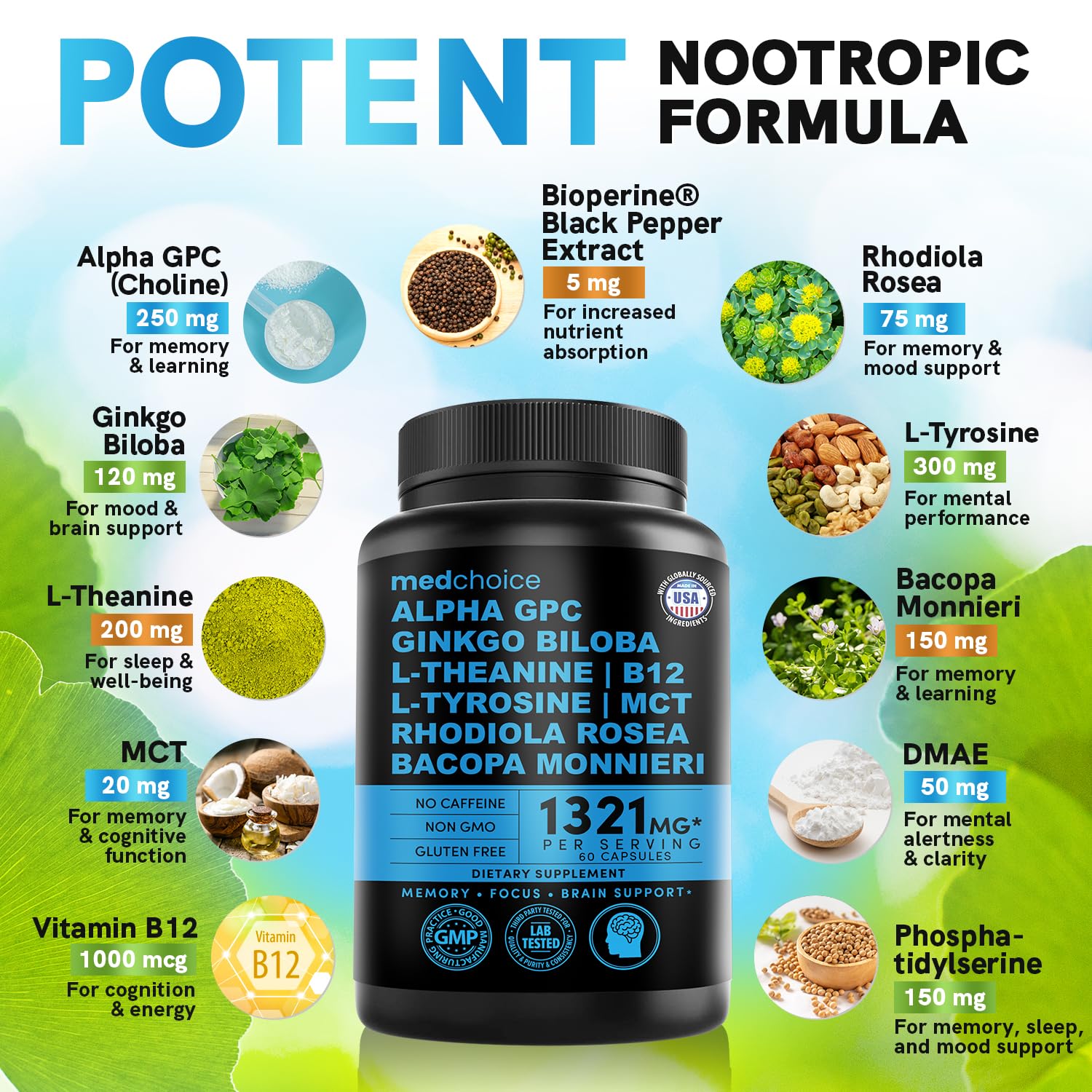 12-in-1 Nootropic Brain Supplement Anhydrous: Ginkgo Biloba for Brain Support, Memory and Focus - B12, Alpha GPC, L Theanine and Choline Supplements with Bioperine Non Caffeinated 1321mg (60ct) MEDCHOICEAu supplements