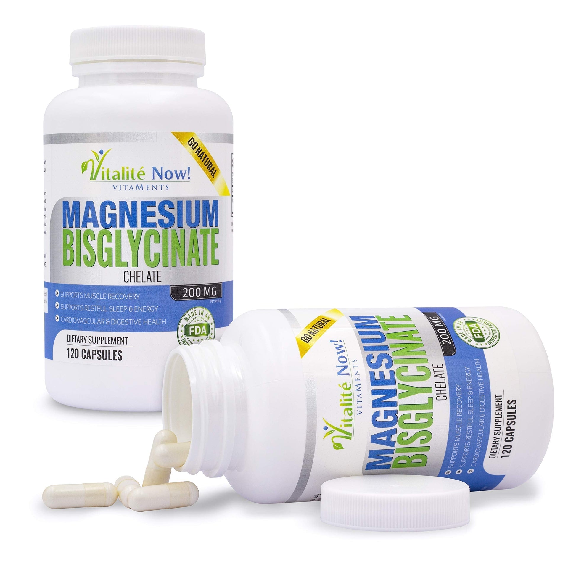Vitalité Now! Magnesium Bisglycinate 200mg - 100% Chelated Capsules for Superior Absorption - Gentle Formula, No Laxative Effect - Sleep Energy Cramps Muscle Support - Fully Reacted & Buffered Vitalité Now!Au supplements