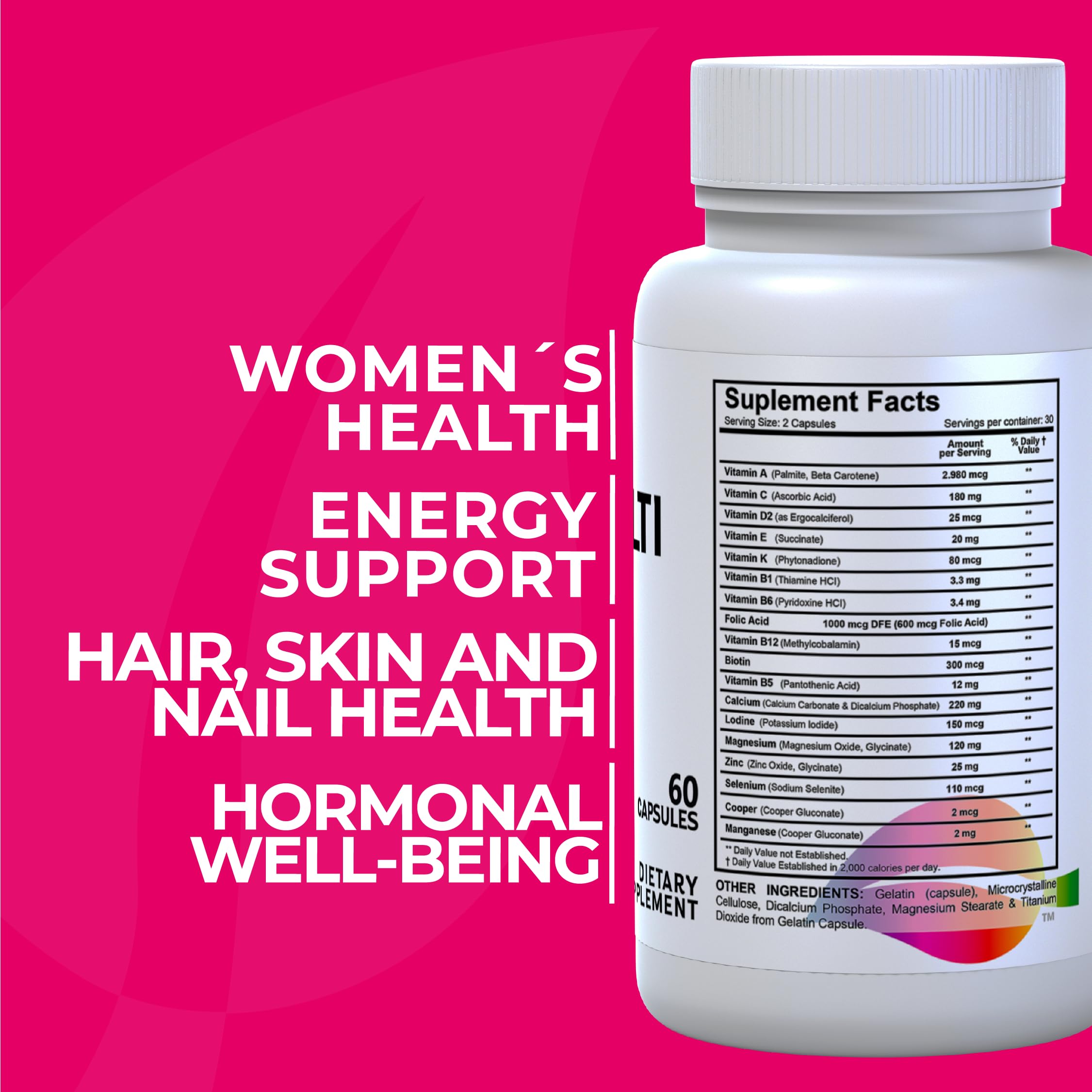 Women’s Multivitamin 18+ Vitamins & Minerals | Biotin, Folic Acid, Zinc, Calcium, Magnesium & Vitamin D | Hair, Skin & Nails Support, Energy Hallusa NaturalUS supplements