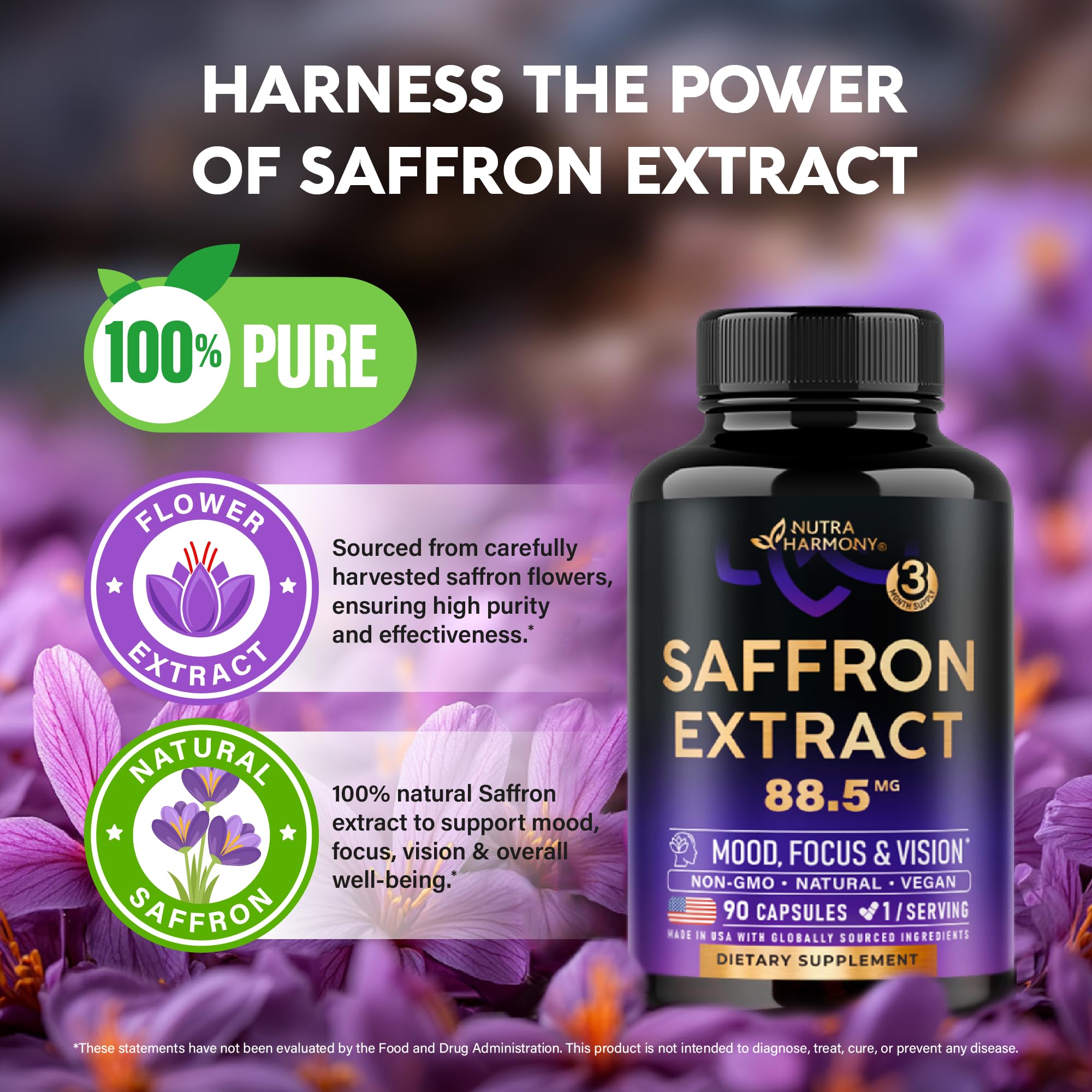 Natural Saffron Supplements - Pure Saffron Extract 88.5 mg - Made in USA - Mood | Focus | Vision | Energy Support - Eye Health for Women & Men - NonGMO Vegan Pills - 90 Powder Capsules, 3 Month Supply NUTRAHARMONYAu supplements