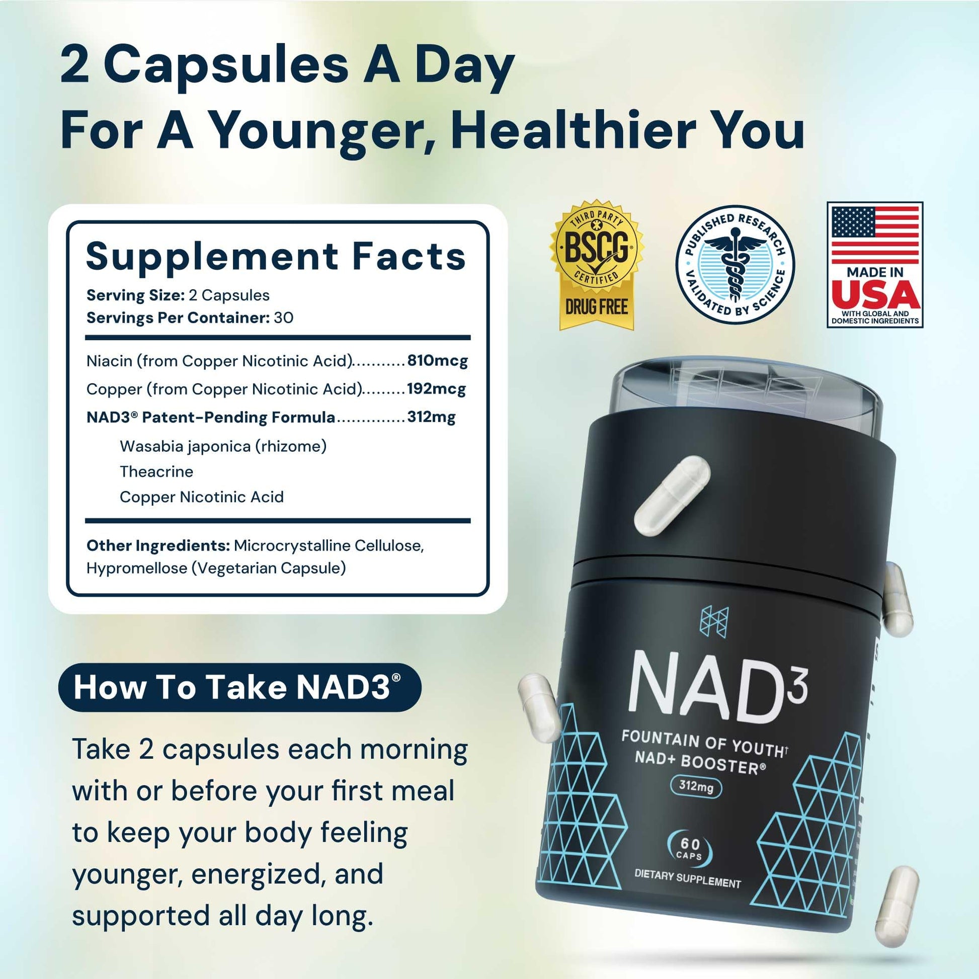 HPN NAD3 Clinical NAD+ Booster, Cellular Health & Natural Energy - NAD Supplement for Healthy Aging, Metabolic Support, NRF2 & Longevity, Nicotinamide Riboside & NMN Alternative, 60ct, 30-Day Supply HPNAu supplements