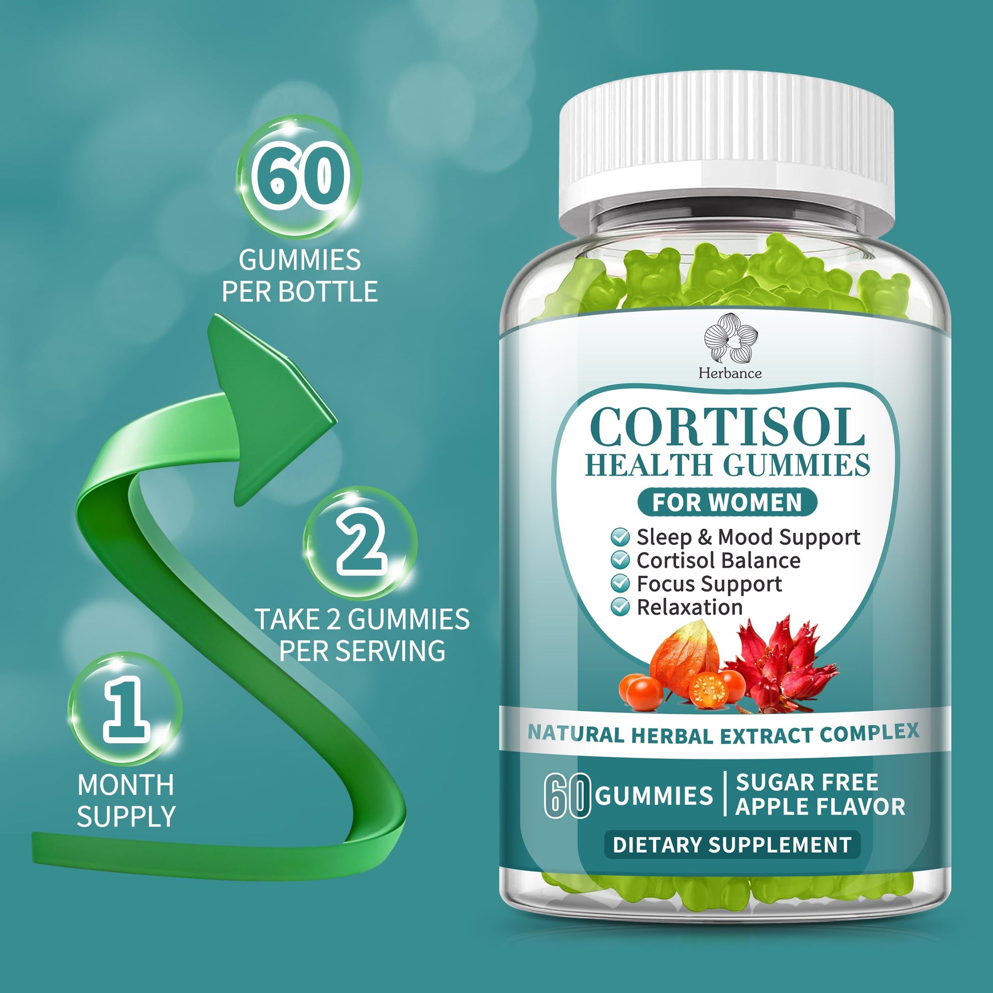 Cortisol Supplements Gummies for Women, Cortisol Reducer w.Ashwagandha Rhodiola Rosea Magnesium L-Theanine Phosphatidylserine Black Peper, Hormone Balanced & Lower Cortisol - 30 Day Vegan Supply HerbanceAu supplements