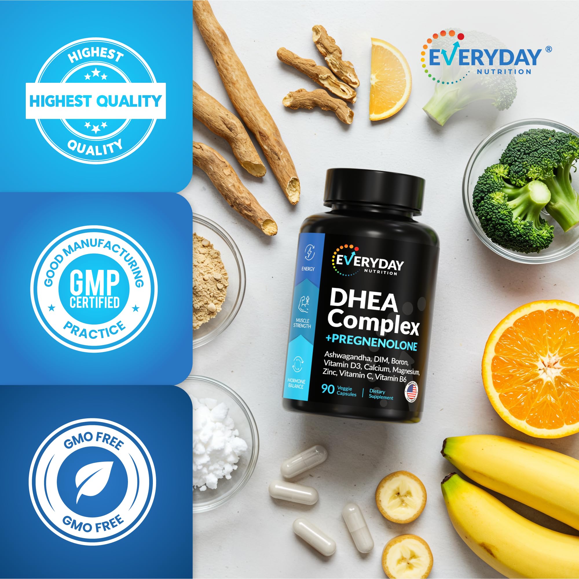DHEA Micronized 200mg Complex with Pregnenolone 100mg Supplement for Men & Women with Ashwagandha, DIM, Magnesium, Boron, Calcium , Zinc, Vitamin D3, C and B6 Hormone Support - Made in USA 90 Capsules EVERYDAY NUTRITIONAu supplements